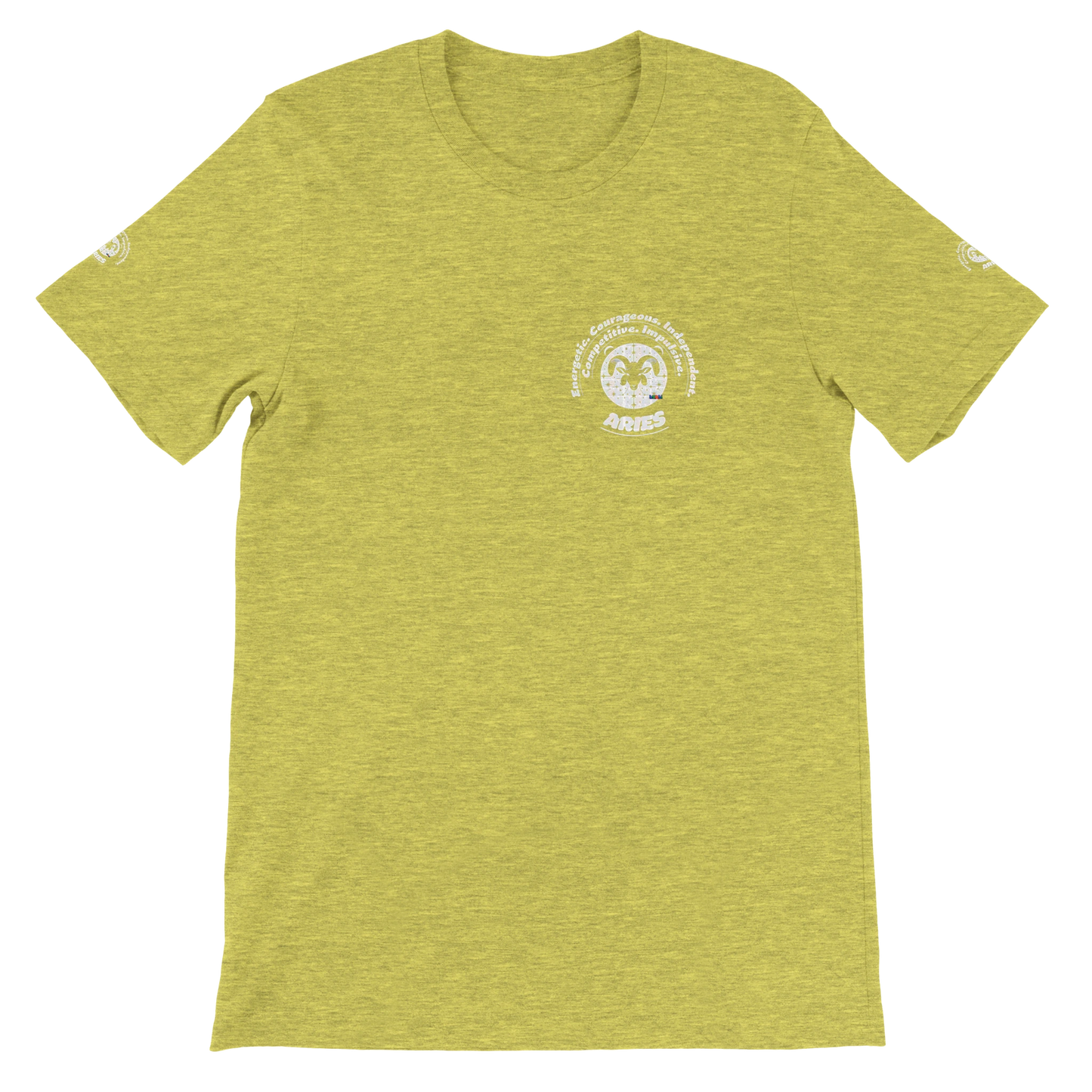 Yellow unisex crewneck T-shirt with Aries Horoscope Zodiac design on soft Bella + Canvas 3001. Comfortable and stylish for all.