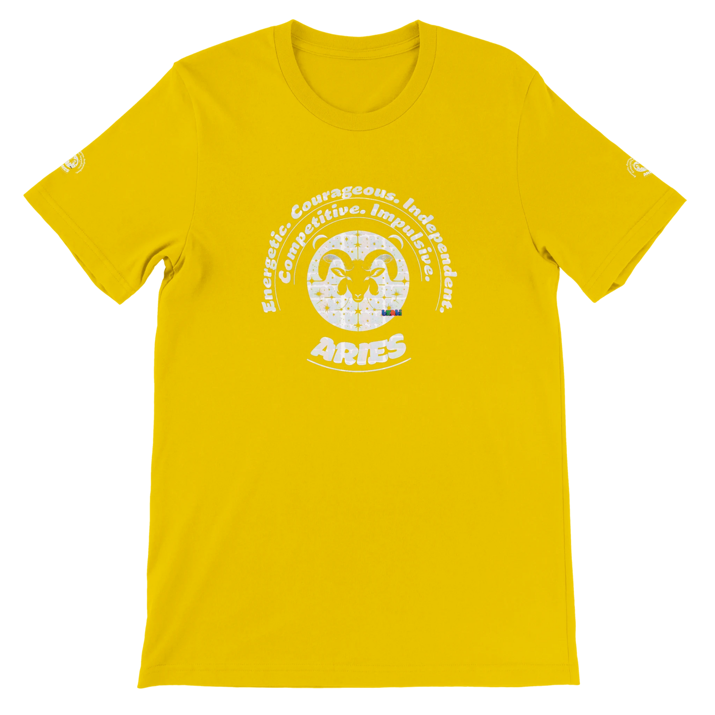 Yellow unisex crewneck T-shirt with Aries Horoscope Zodiac design on soft Bella + Canvas 3001. Comfortable and stylish for all.