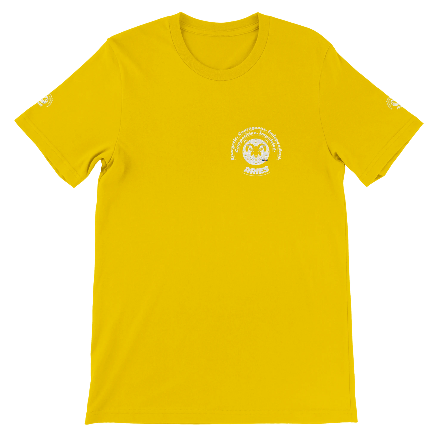 Yellow unisex crewneck T-shirt with Aries Horoscope Zodiac design on soft Bella + Canvas 3001. Comfortable and stylish for all.