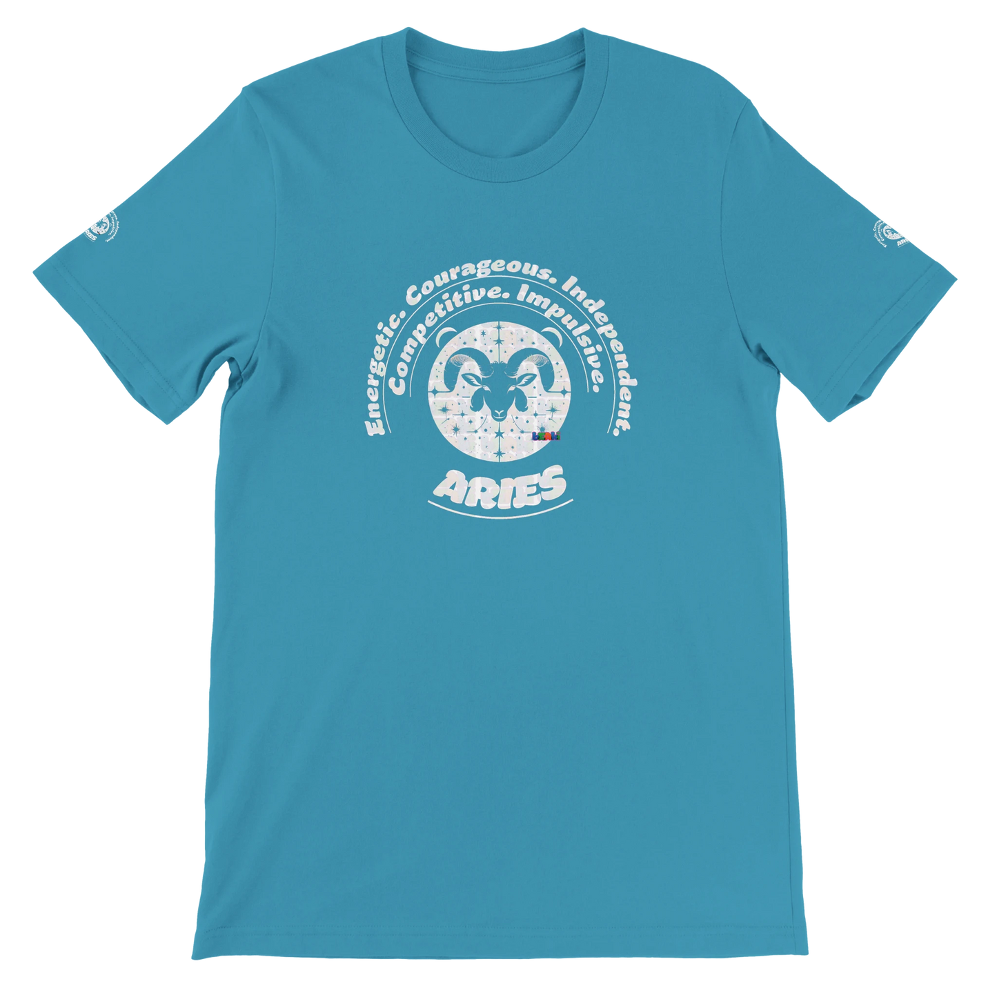 Blue unisex crewneck Bella T-shirt with Aries zodiac horoscope, perfect birthday gift for astrology lovers, trendybuybest.com