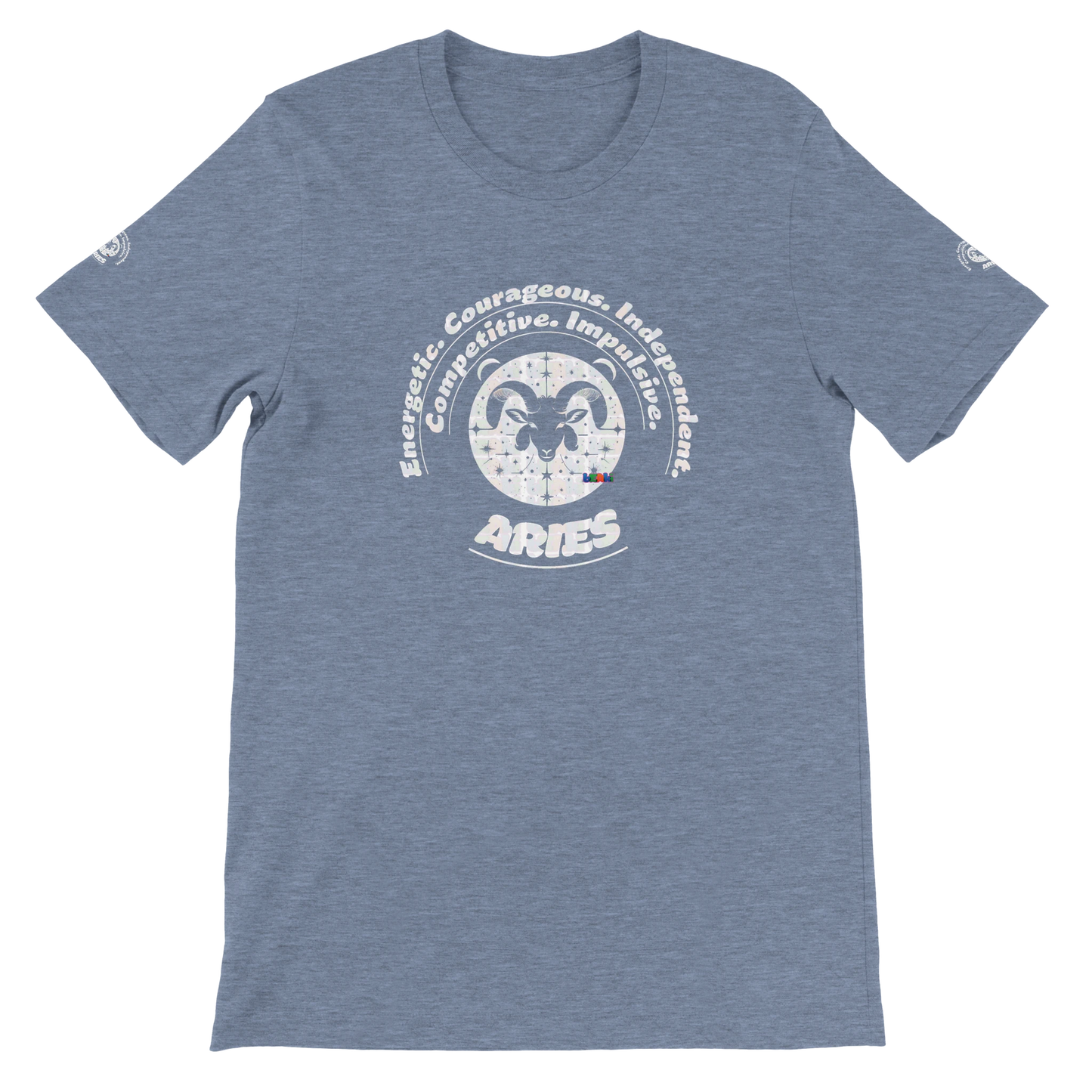 Blue unisex crewneck Bella T-shirt with Aries zodiac horoscope, perfect birthday gift for astrology lovers, trendybuybest.com