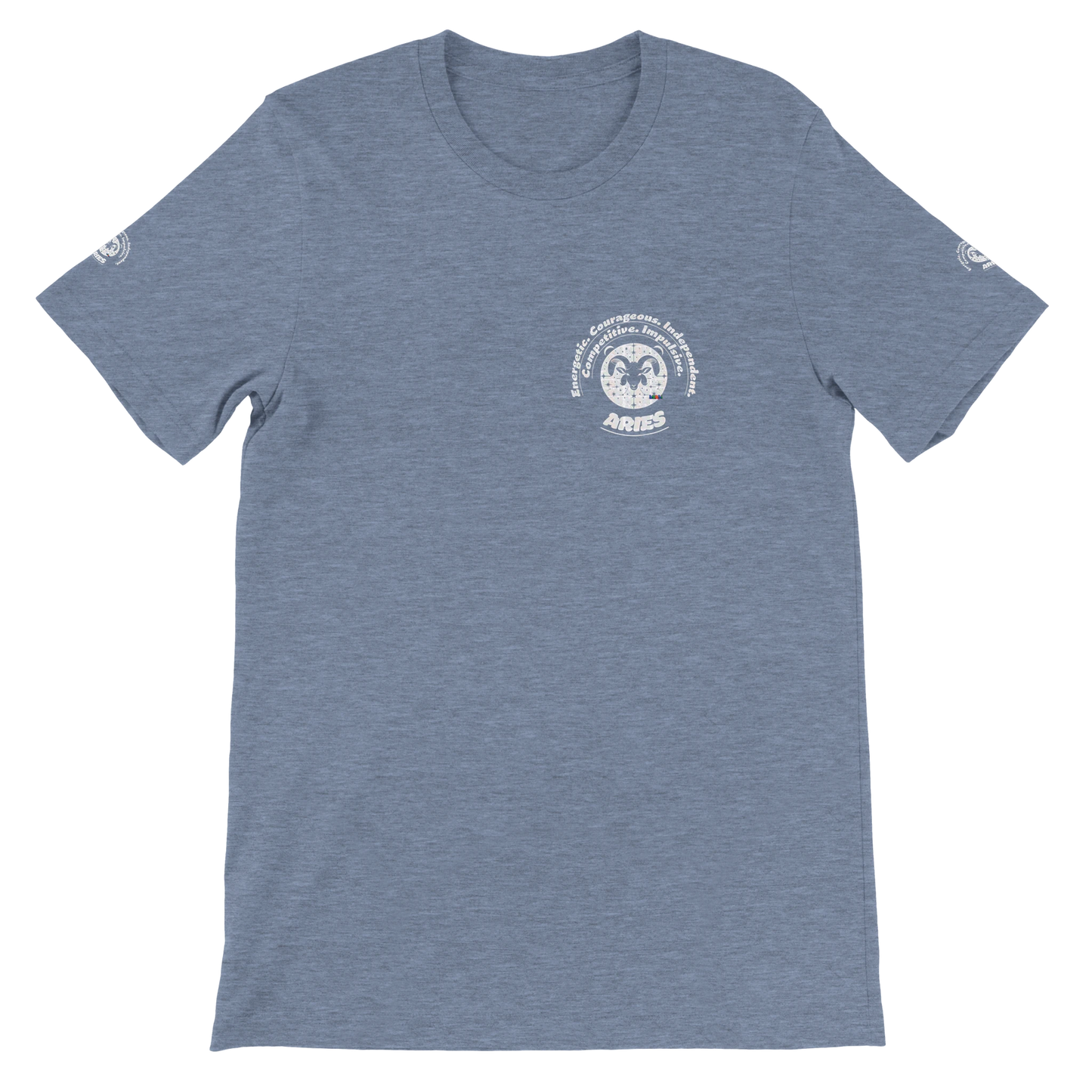 Blue unisex crewneck Bella T-shirt with Aries zodiac horoscope, perfect birthday gift for astrology lovers, trendybuybest.com