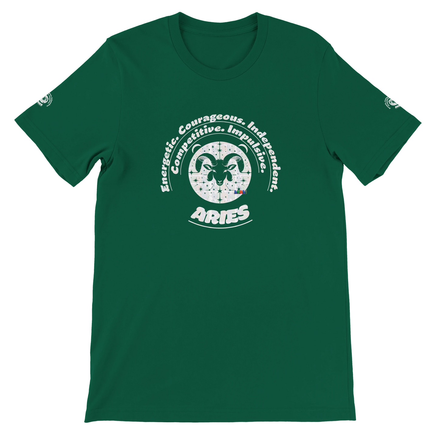 Green unisex crewneck T-shirt with Aries zodiac, perfect birthday gift for astrology lovers, comfortable, soft and stylish.