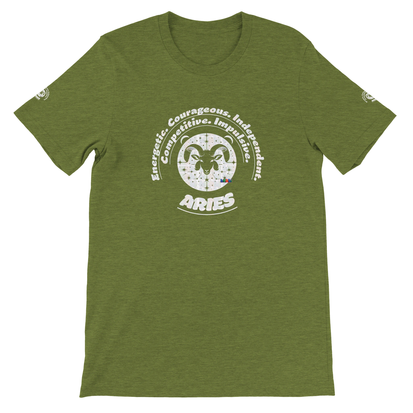 Green unisex crewneck T-shirt with Aries zodiac, perfect birthday gift for astrology lovers, comfortable, soft and stylish.