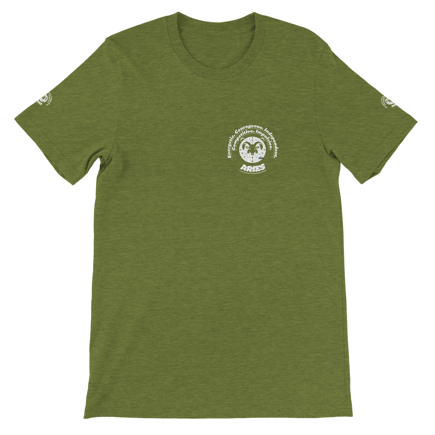Green unisex crewneck T-shirt with Aries zodiac, perfect birthday gift for astrology lovers, comfortable, soft and stylish.