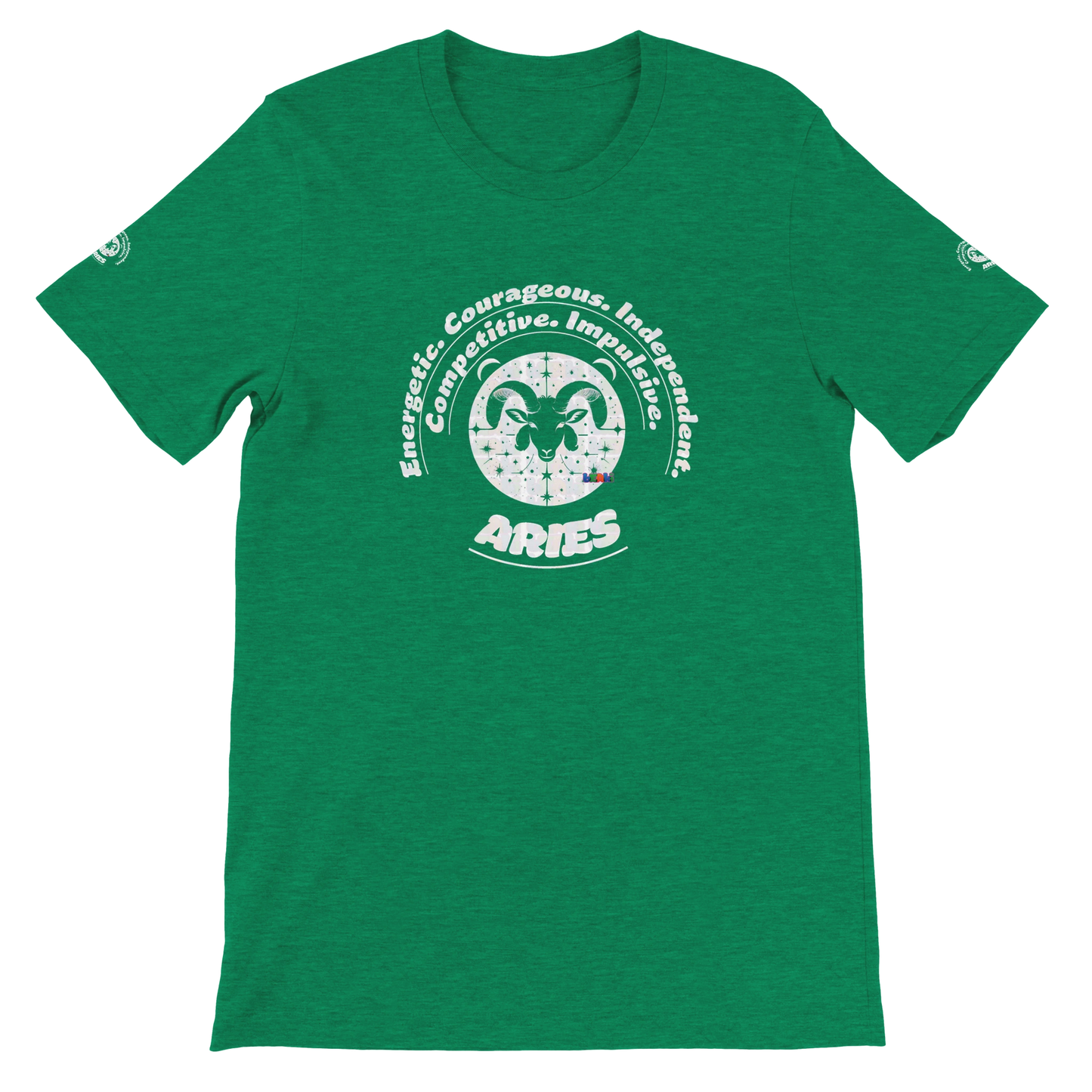 Green unisex crewneck T-shirt with Aries zodiac, perfect birthday gift for astrology lovers, comfortable, soft and stylish.