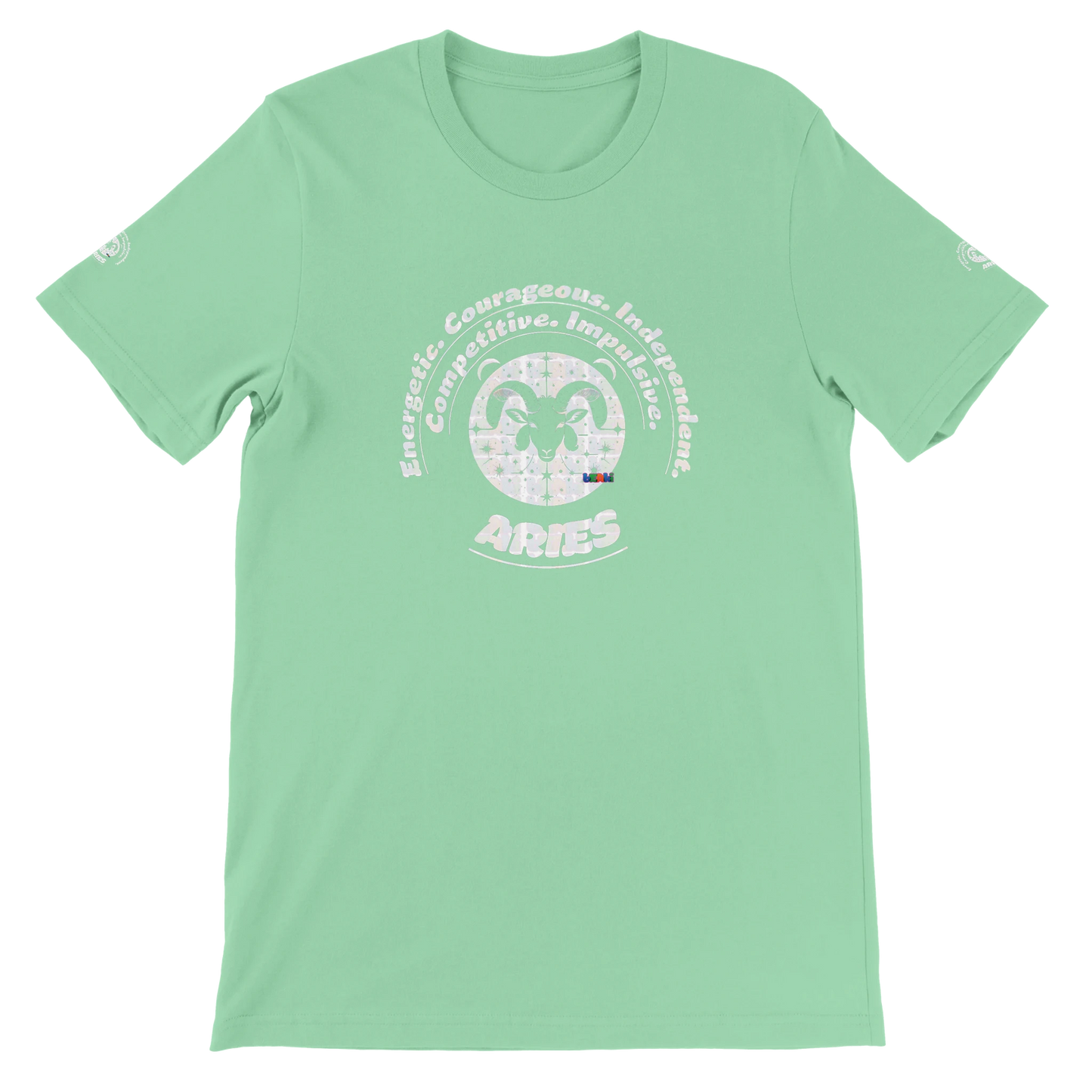 Green unisex crewneck T-shirt with Aries zodiac, perfect birthday gift for astrology lovers, comfortable, soft and stylish.