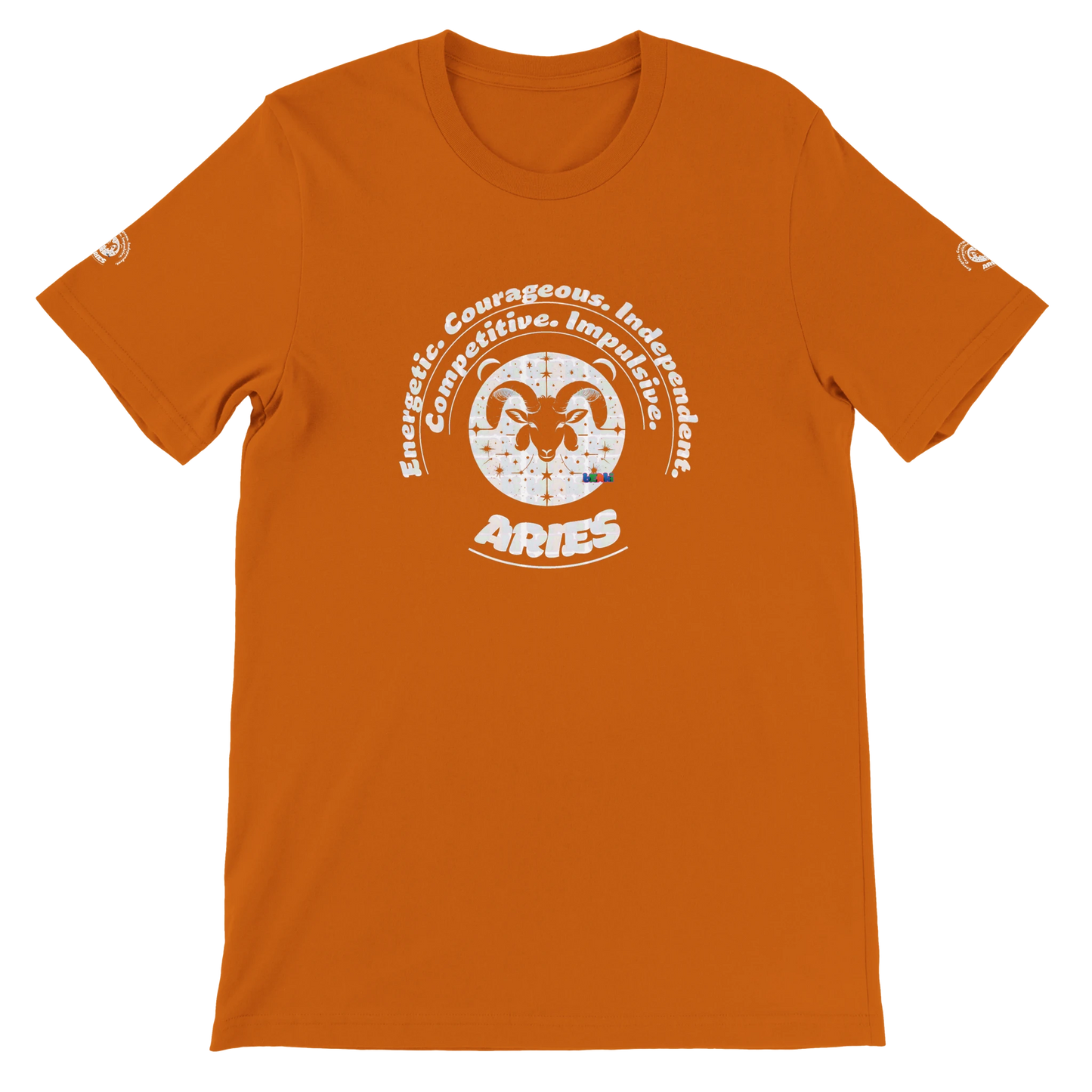 Orange unisex crewneck Bella T-shirt with Aries zodiac, perfect birthday gift for astrology lovers, by trendybuybest.com