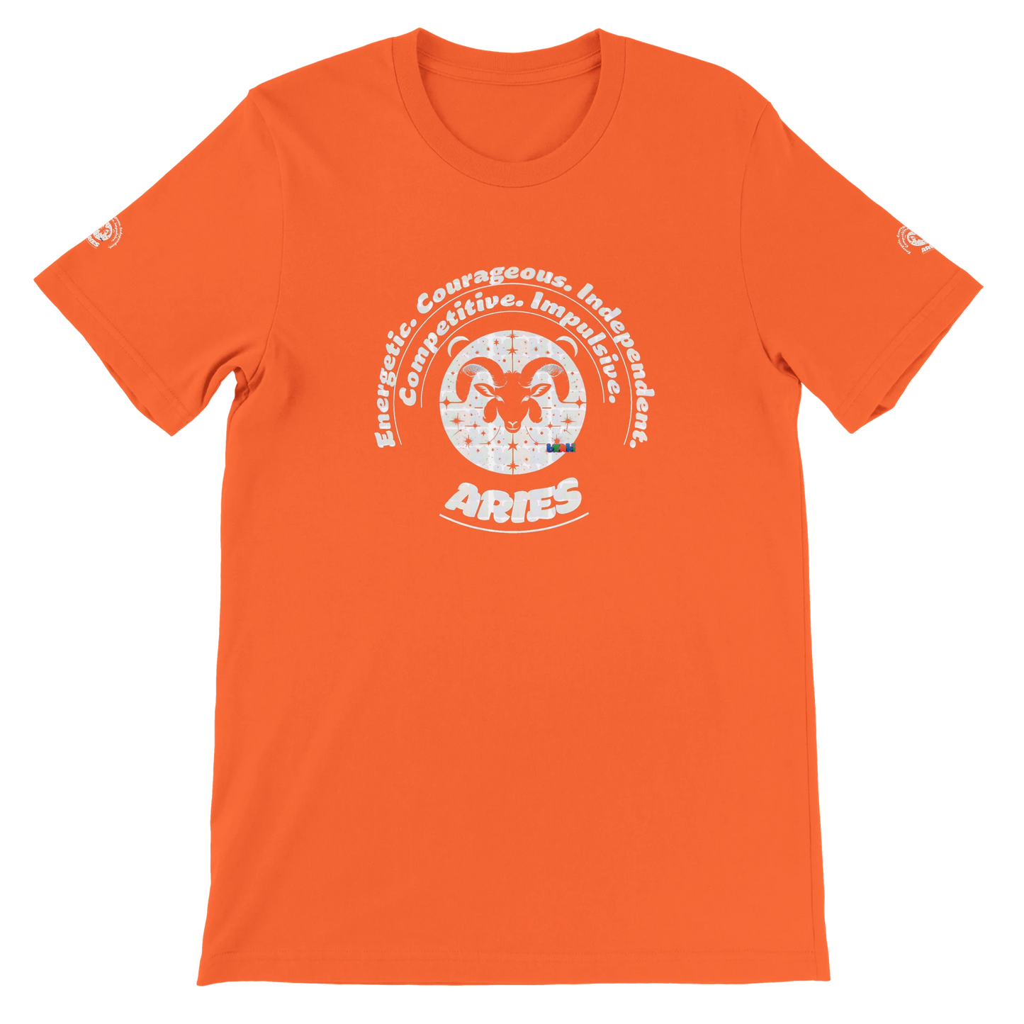 Orange unisex crewneck Bella T-shirt with Aries zodiac, perfect birthday gift for astrology lovers, by trendybuybest.com