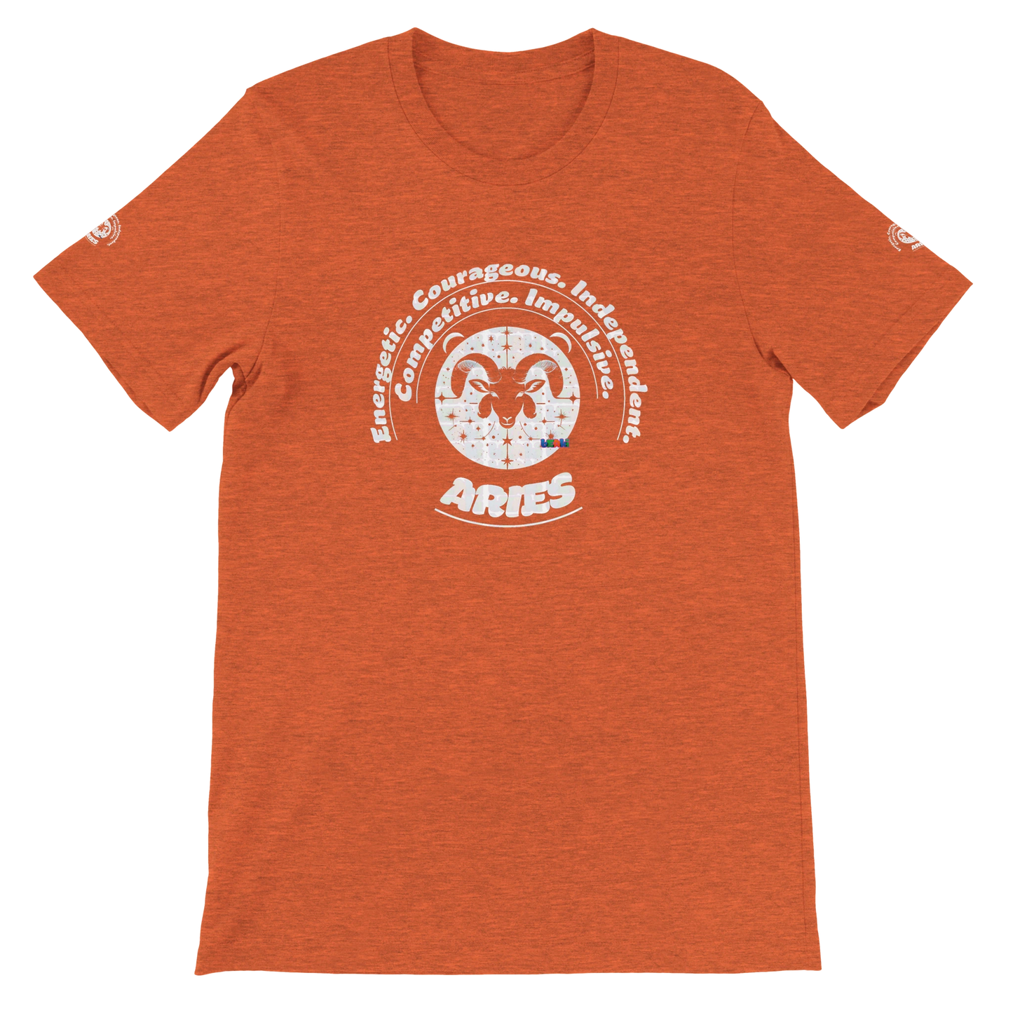 Orange unisex crewneck Bella T-shirt with Aries zodiac, perfect birthday gift for astrology lovers, by trendybuybest.com