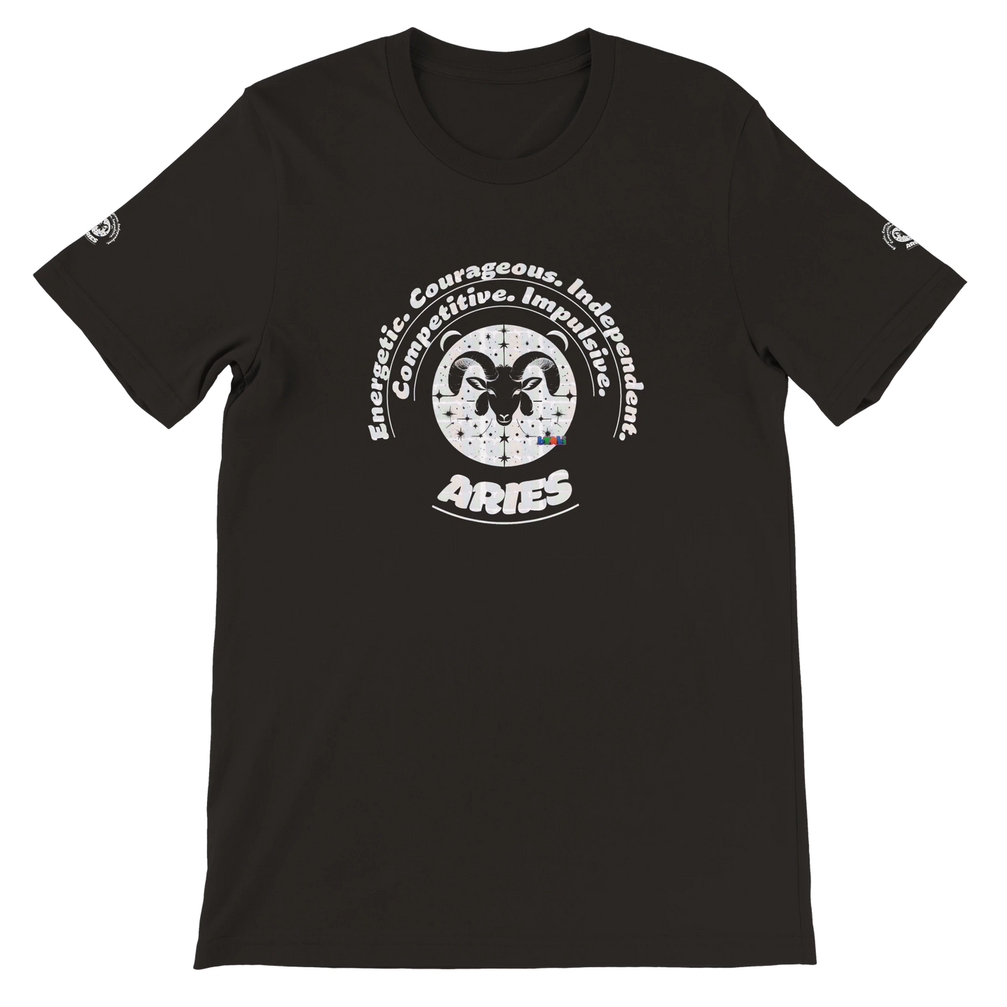 Black unisex Aries astrology design crewneck T-shirt. Great horoscope gift, stylish and comfortable for astrology enthusiasts.