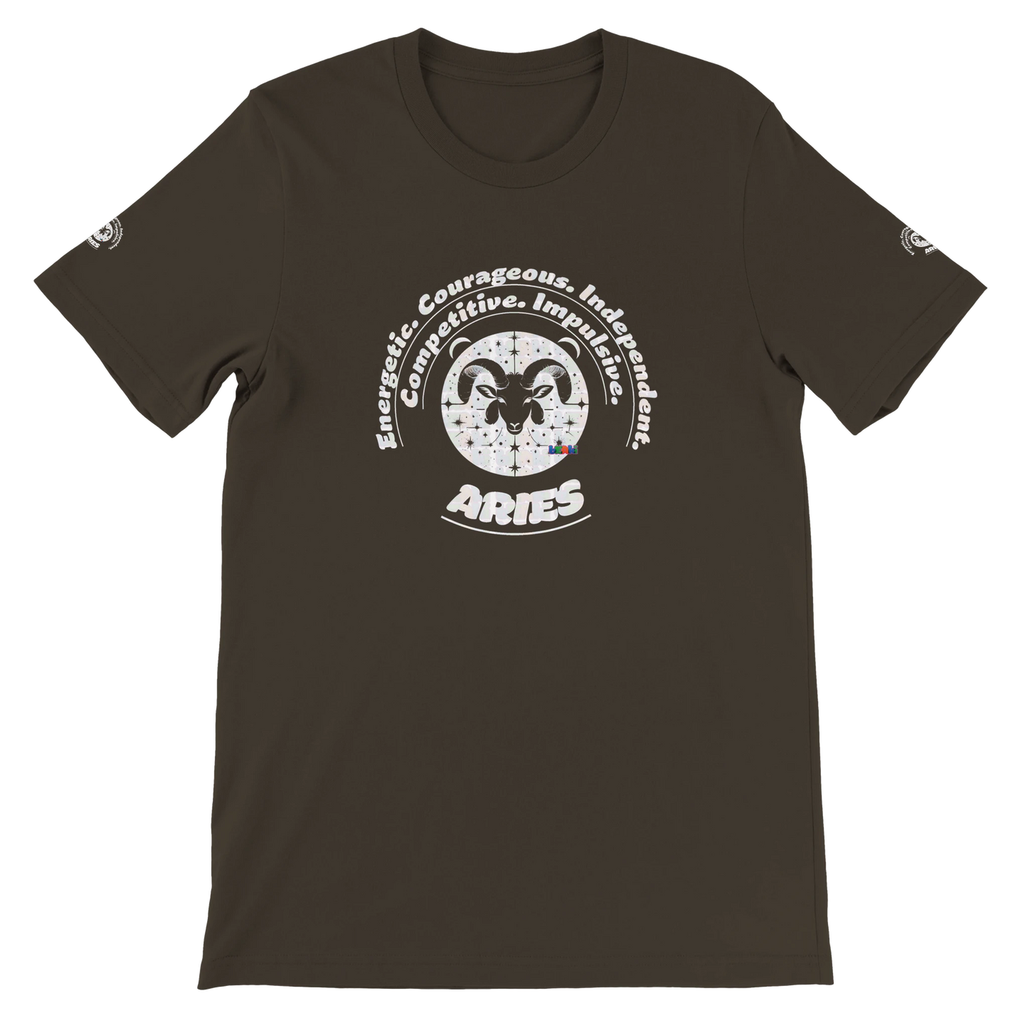 Brown unisex crewneck T-shirt with Aries Horoscope Zodiac design on soft Bella + Canvas 3001. Comfortable and stylish for all.
