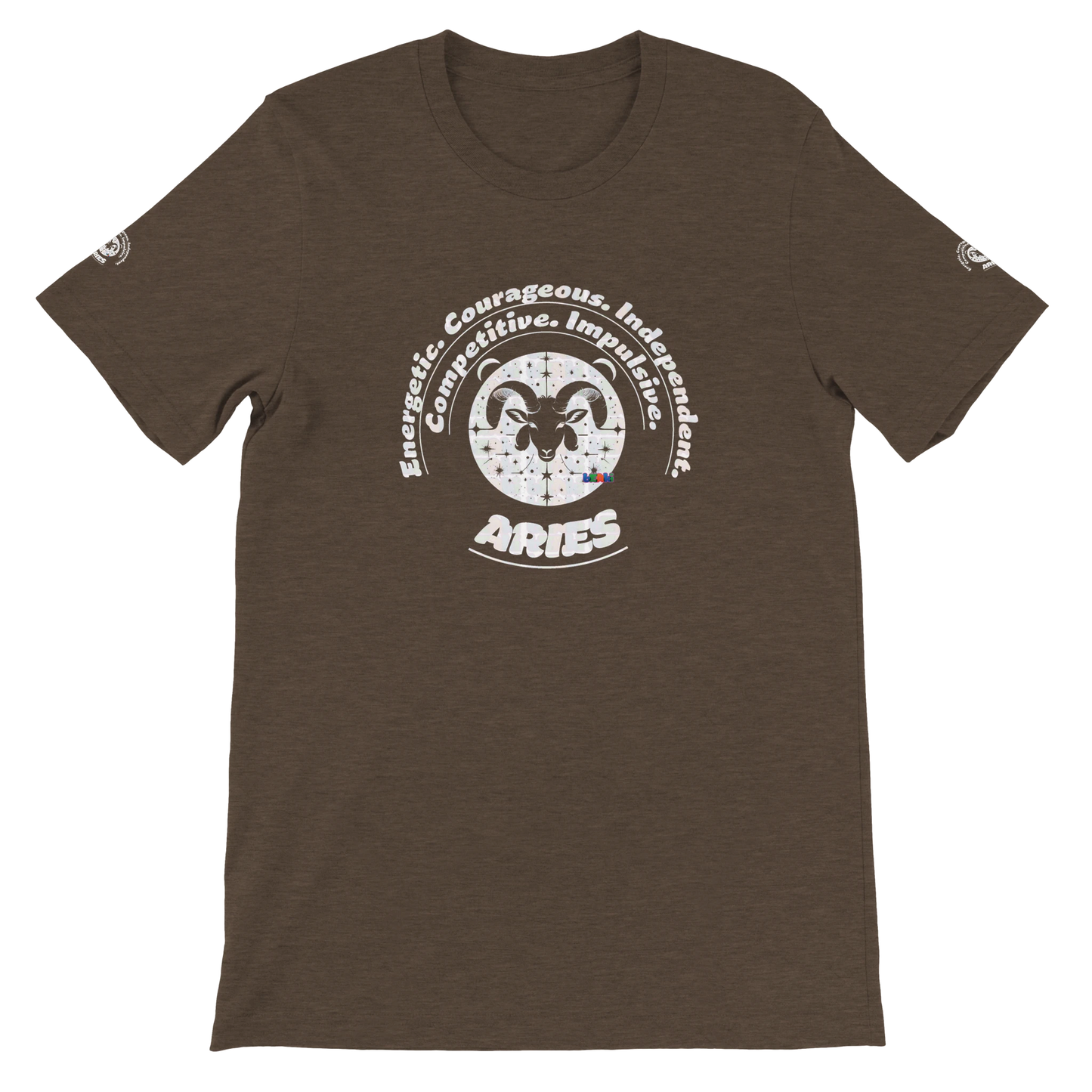 Brown unisex crewneck T-shirt with Aries Horoscope Zodiac design on soft Bella + Canvas 3001. Comfortable and stylish for all.