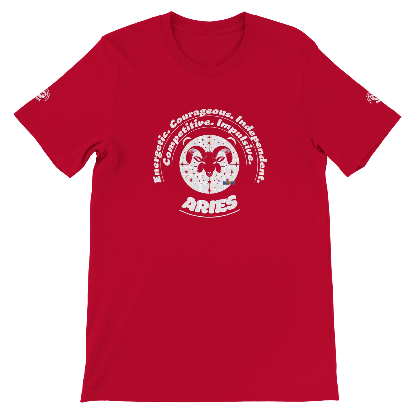 Red unisex crewneck T-shirt with Aries Astrology design. Energetic, courageous, independent, perfect for competitive spirits.