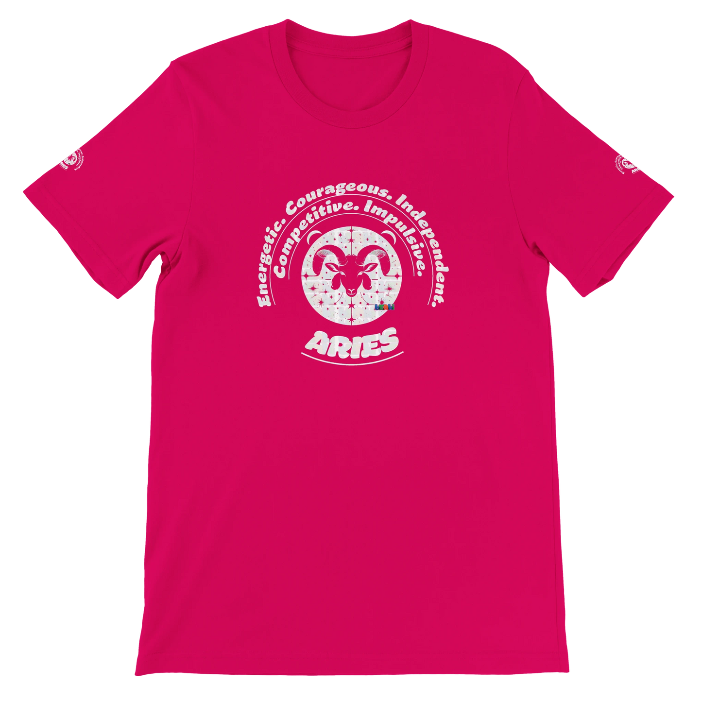 Red unisex crewneck T-shirt with Aries Astrology design. Energetic, courageous, independent, perfect for competitive spirits.