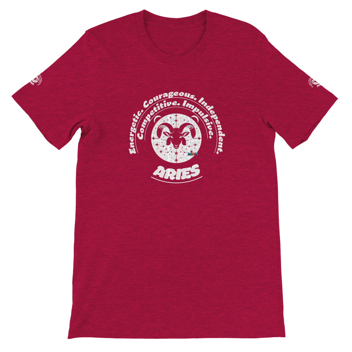 Red unisex crewneck T-shirt with Aries Astrology design. Energetic, courageous, independent, perfect for competitive spirits.