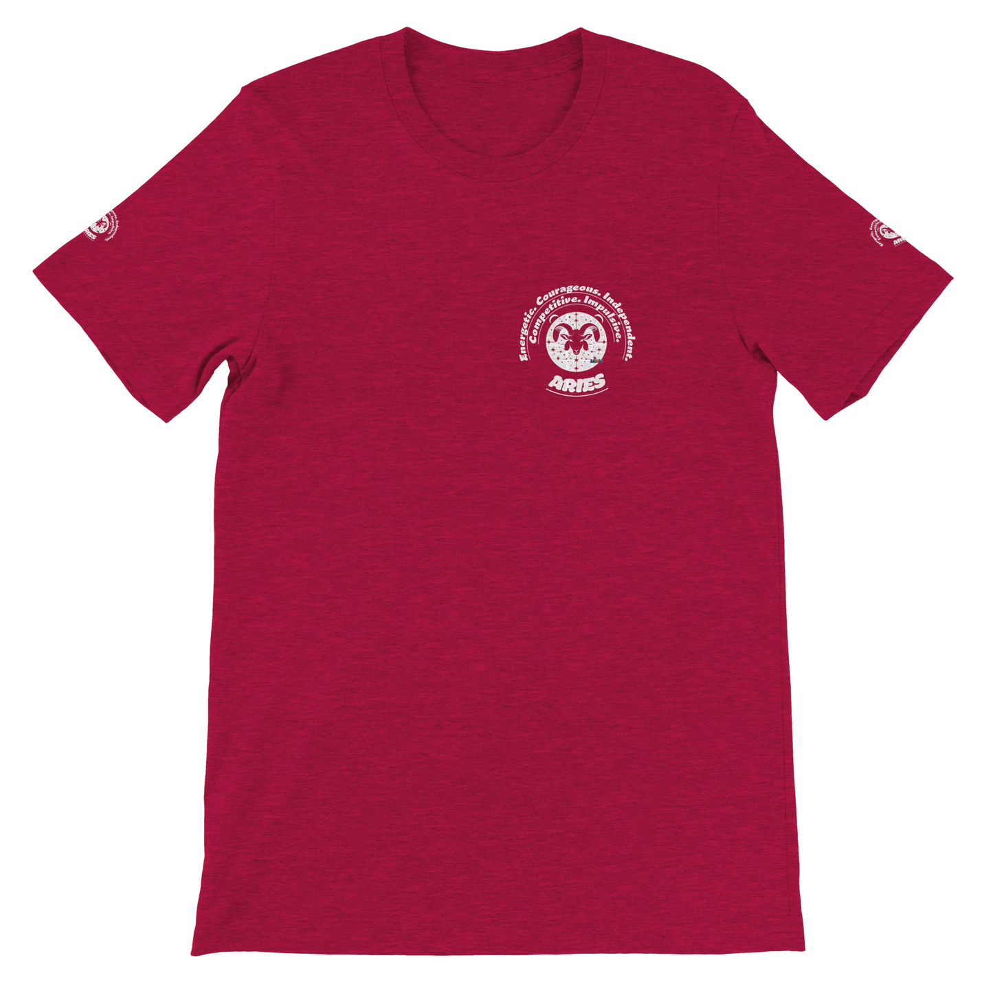 Red unisex crewneck T-shirt with Aries Astrology design. Energetic, courageous, independent, perfect for competitive spirits.