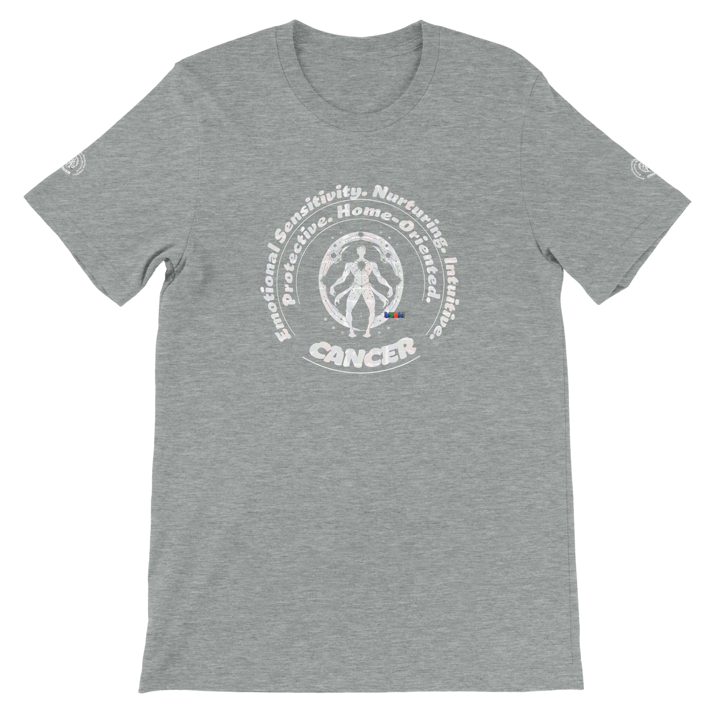 Gray unisex crewneck T-shirt with Cancer zodiac horoscope, perfect birthday gift for astrology lovers, soft and stylish.
