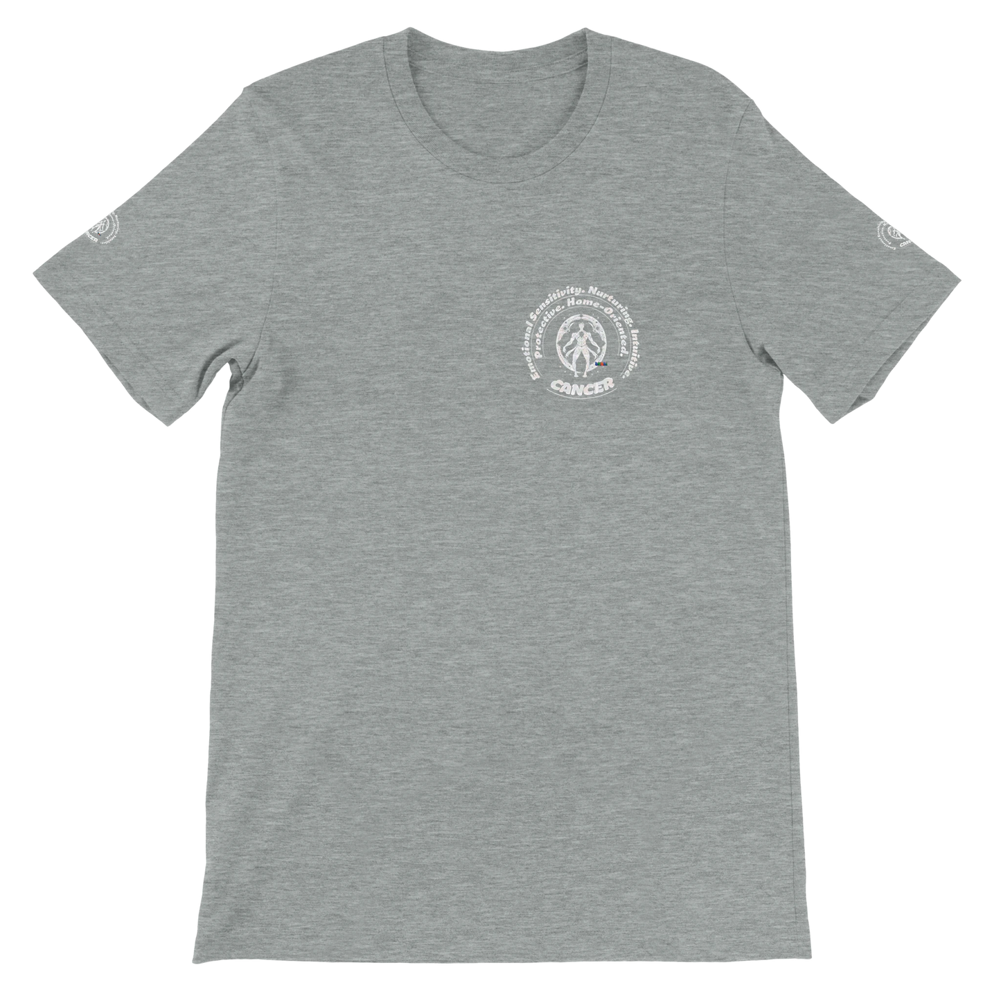 Gray unisex crewneck T-shirt with Cancer zodiac horoscope, perfect birthday gift for astrology lovers, soft and stylish.