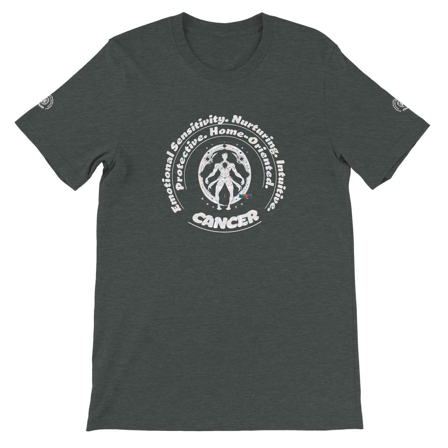 Gray unisex crewneck T-shirt with Cancer zodiac horoscope, perfect birthday gift for astrology lovers, soft and stylish.