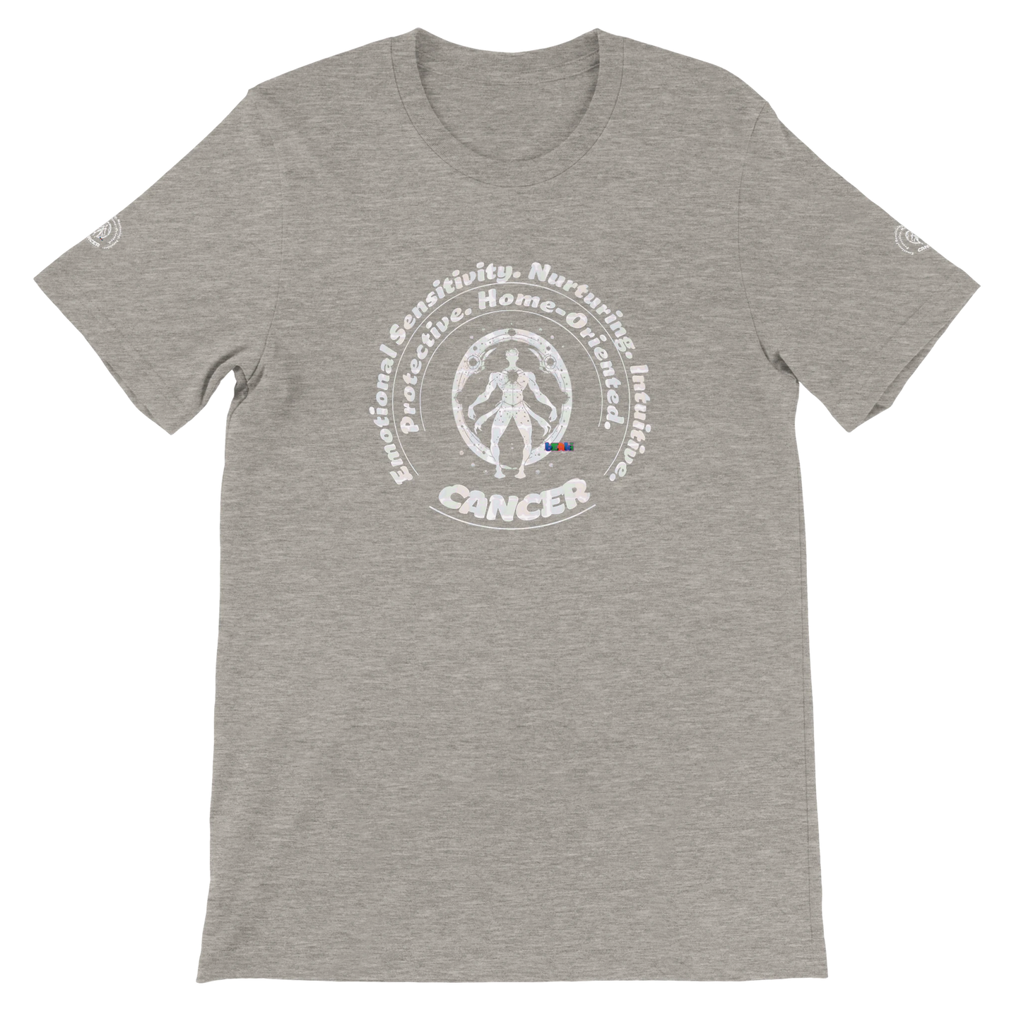 Gray unisex crewneck T-shirt with Cancer zodiac horoscope, perfect birthday gift for astrology lovers, soft and stylish.