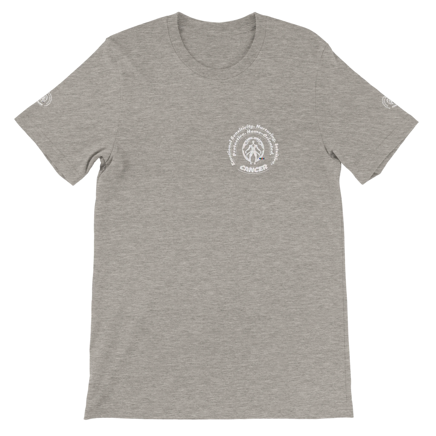 Gray unisex crewneck T-shirt with Cancer zodiac horoscope, perfect birthday gift for astrology lovers, soft and stylish.