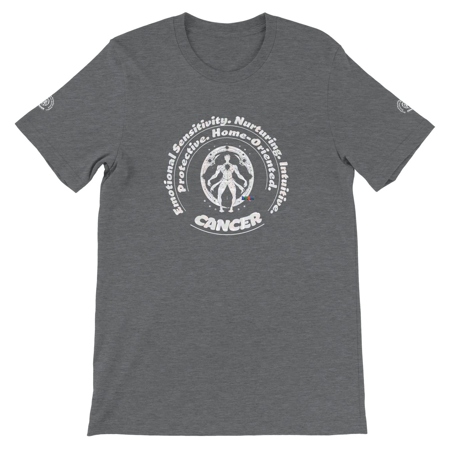 Gray unisex crewneck T-shirt with Cancer zodiac horoscope, perfect birthday gift for astrology lovers, soft and stylish.