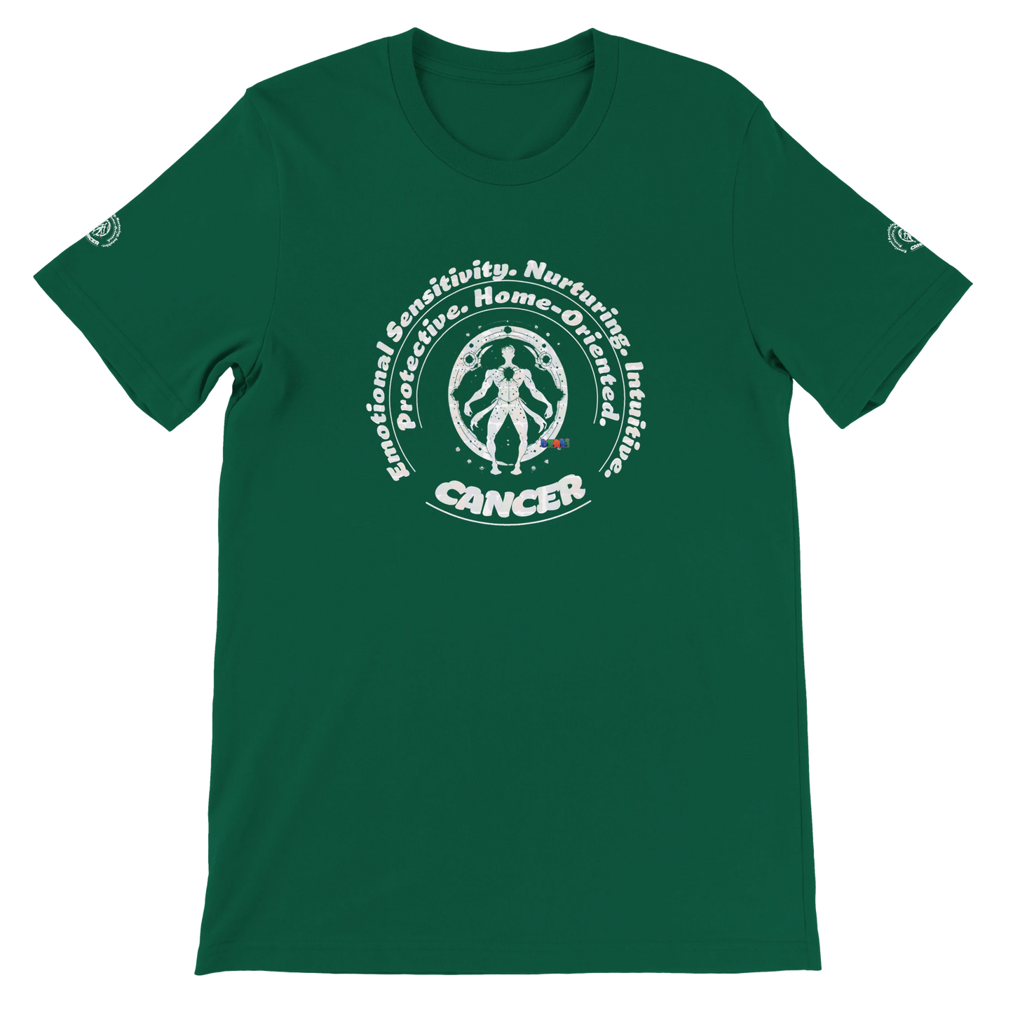 Green unisex crewneck T-shirt with Cancer astrology Zodiac design on soft Bella + Canvas 3001. Comfortable and stylish for all.