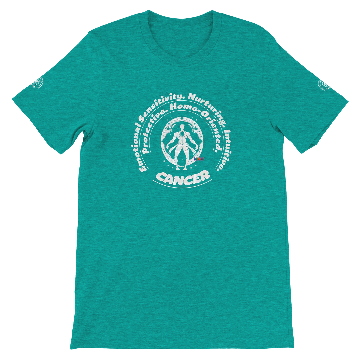 Green unisex crewneck T-shirt with Cancer astrology Zodiac design on soft Bella + Canvas 3001. Comfortable and stylish for all.