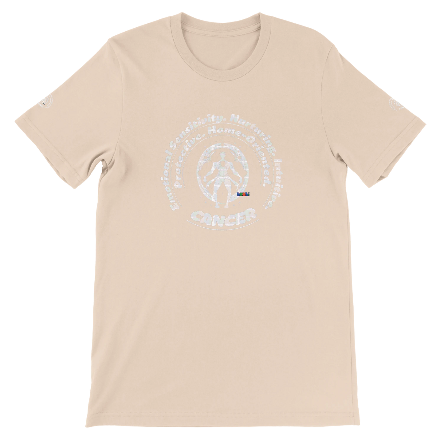 Pink Unisex Crewneck T-shirt with Cancer zodiac horoscope design. Personality of Emotional Sensitivity, Nurturing, Intuitive.