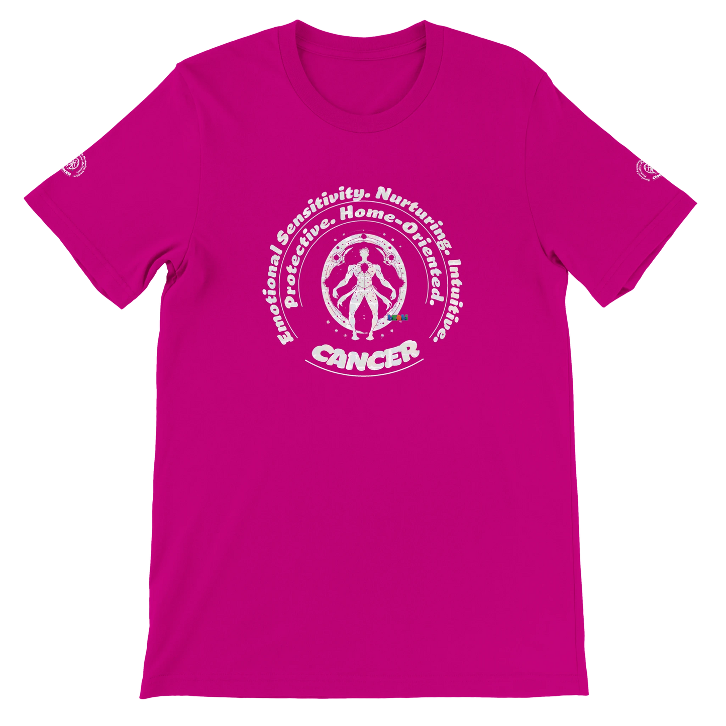 Red unisex crewneck T-shirt with Cancer astrology Zodiac design on soft Bella + Canvas 3001. Comfortable and stylish for all.