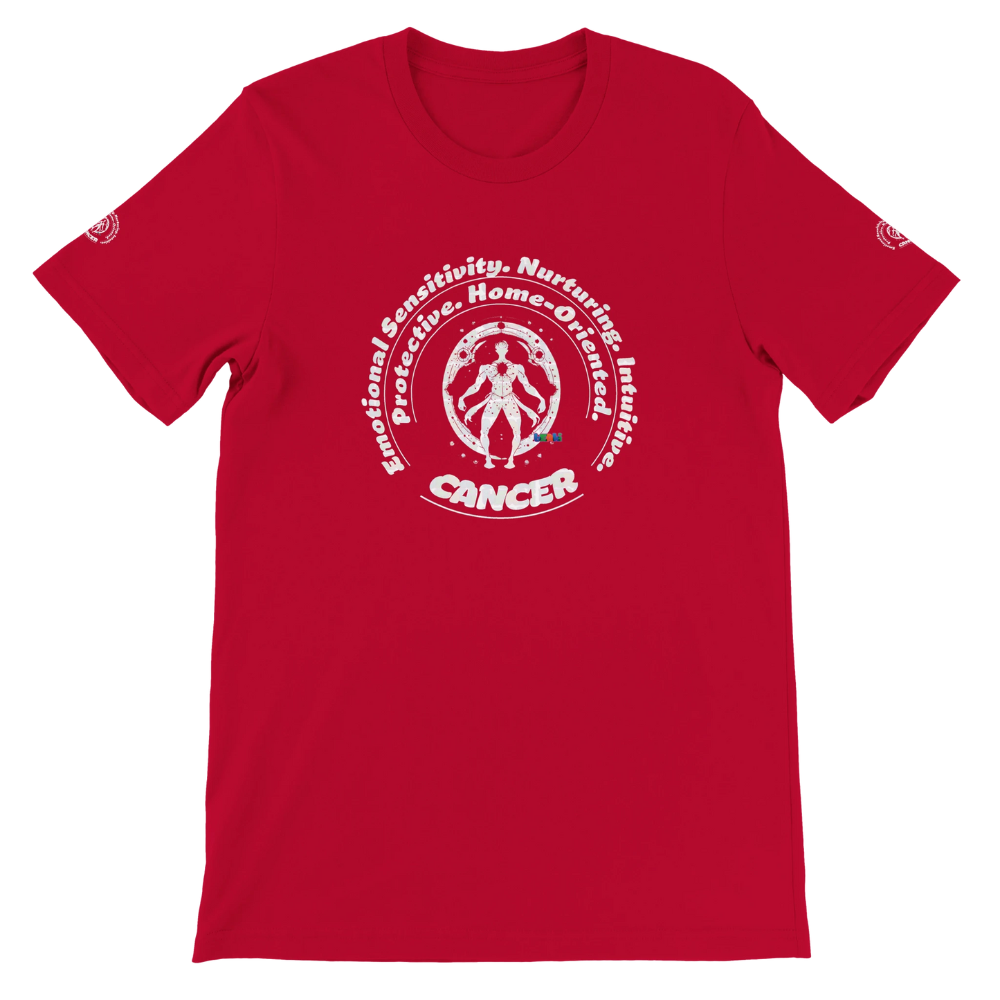 Red unisex crewneck T-shirt with Cancer astrology Zodiac design on soft Bella + Canvas 3001. Comfortable and stylish for all.