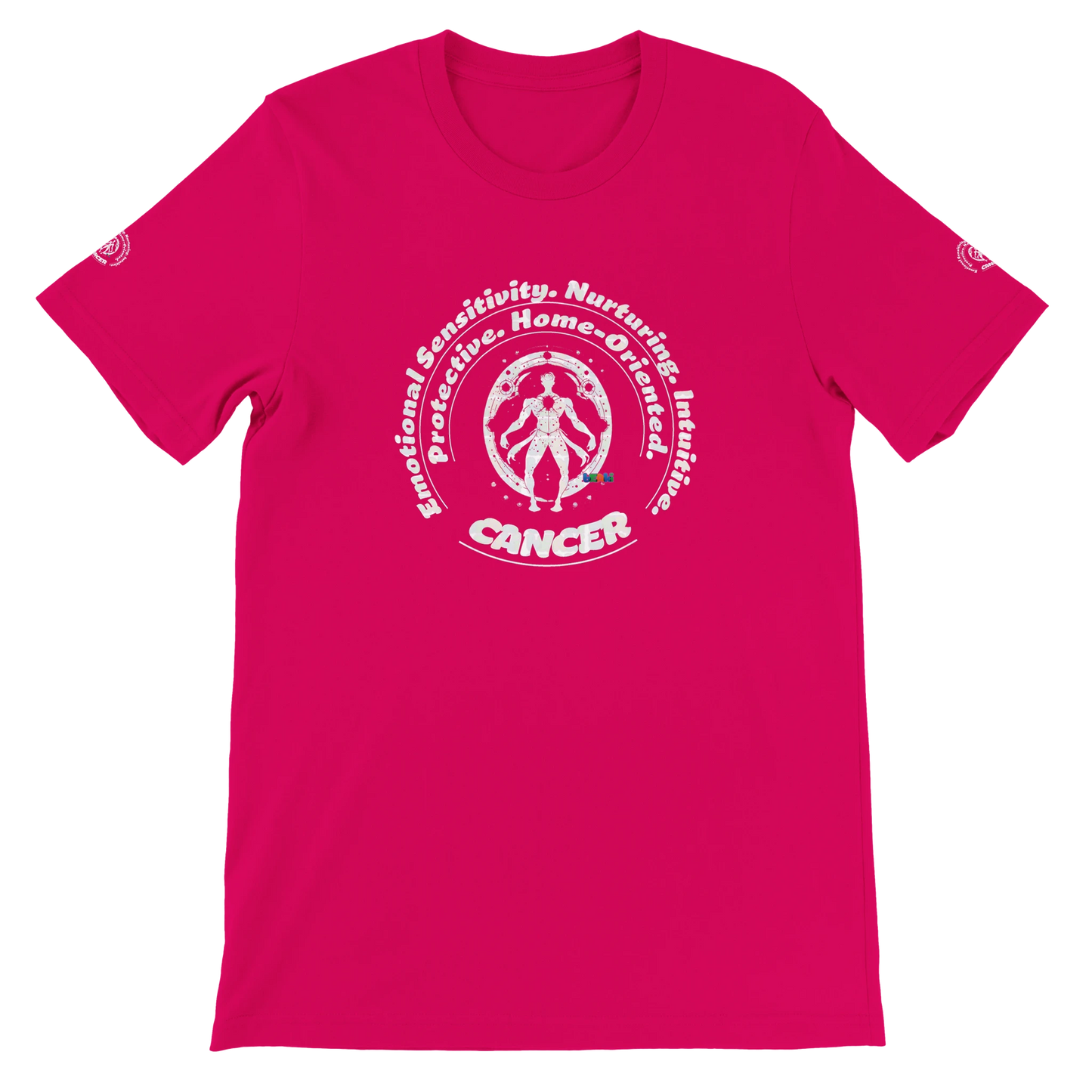 Red unisex crewneck T-shirt with Cancer astrology Zodiac design on soft Bella + Canvas 3001. Comfortable and stylish for all.