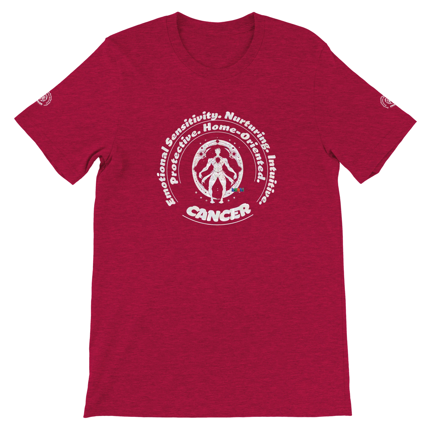 Red unisex crewneck T-shirt with Cancer astrology Zodiac design on soft Bella + Canvas 3001. Comfortable and stylish for all.