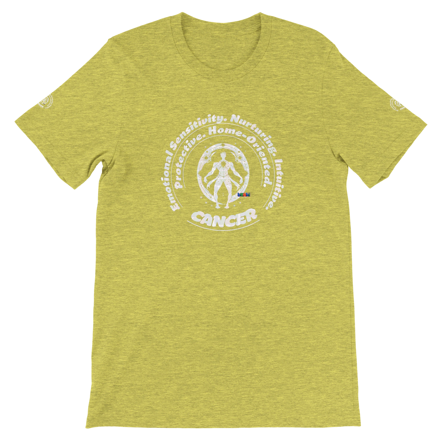 Yellow unisex crewneck T-shirt with Cancer zodiac horoscope, perfect birthday gift for astrology lovers, soft and stylish.