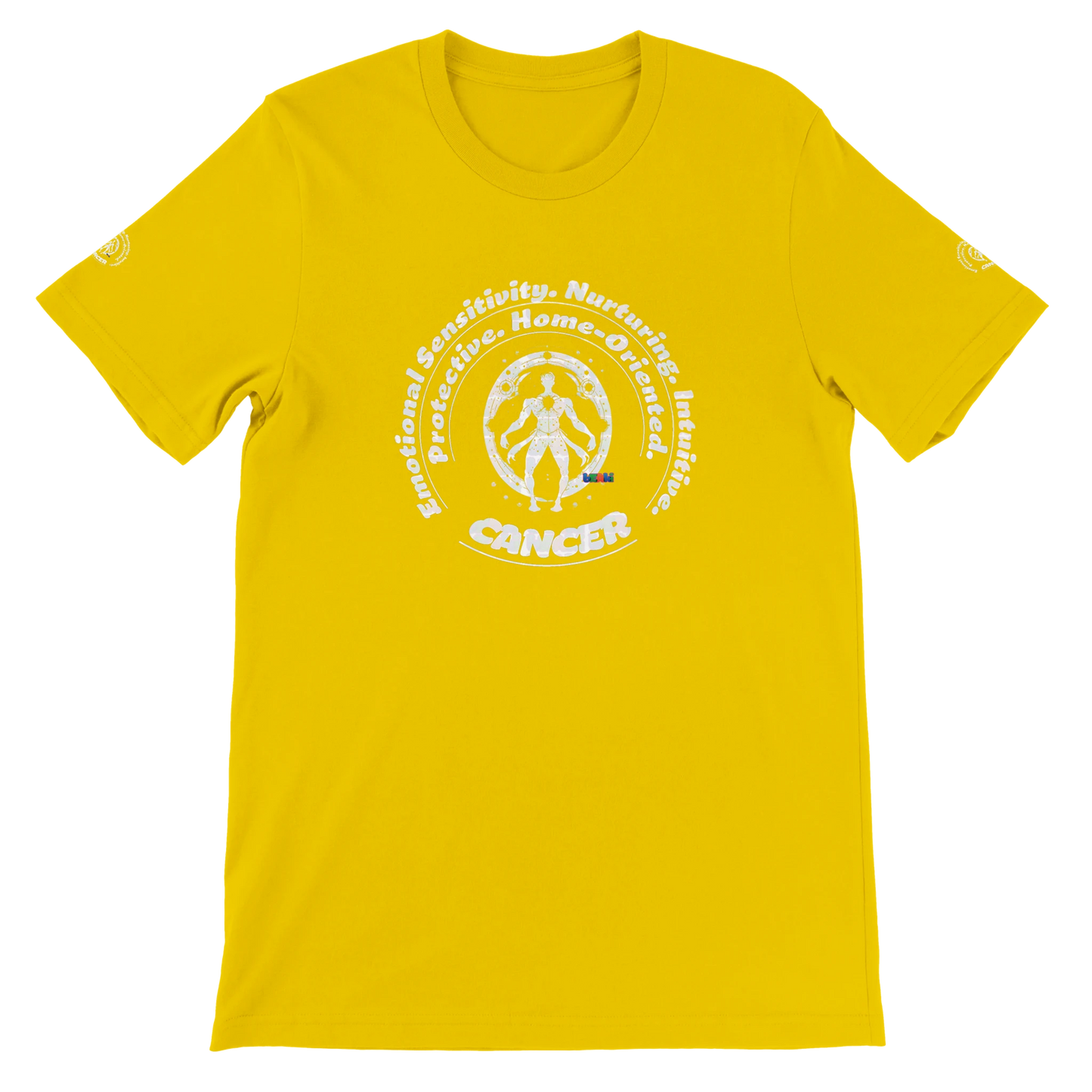 Yellow unisex crewneck T-shirt with Cancer zodiac horoscope, perfect birthday gift for astrology lovers, soft and stylish.