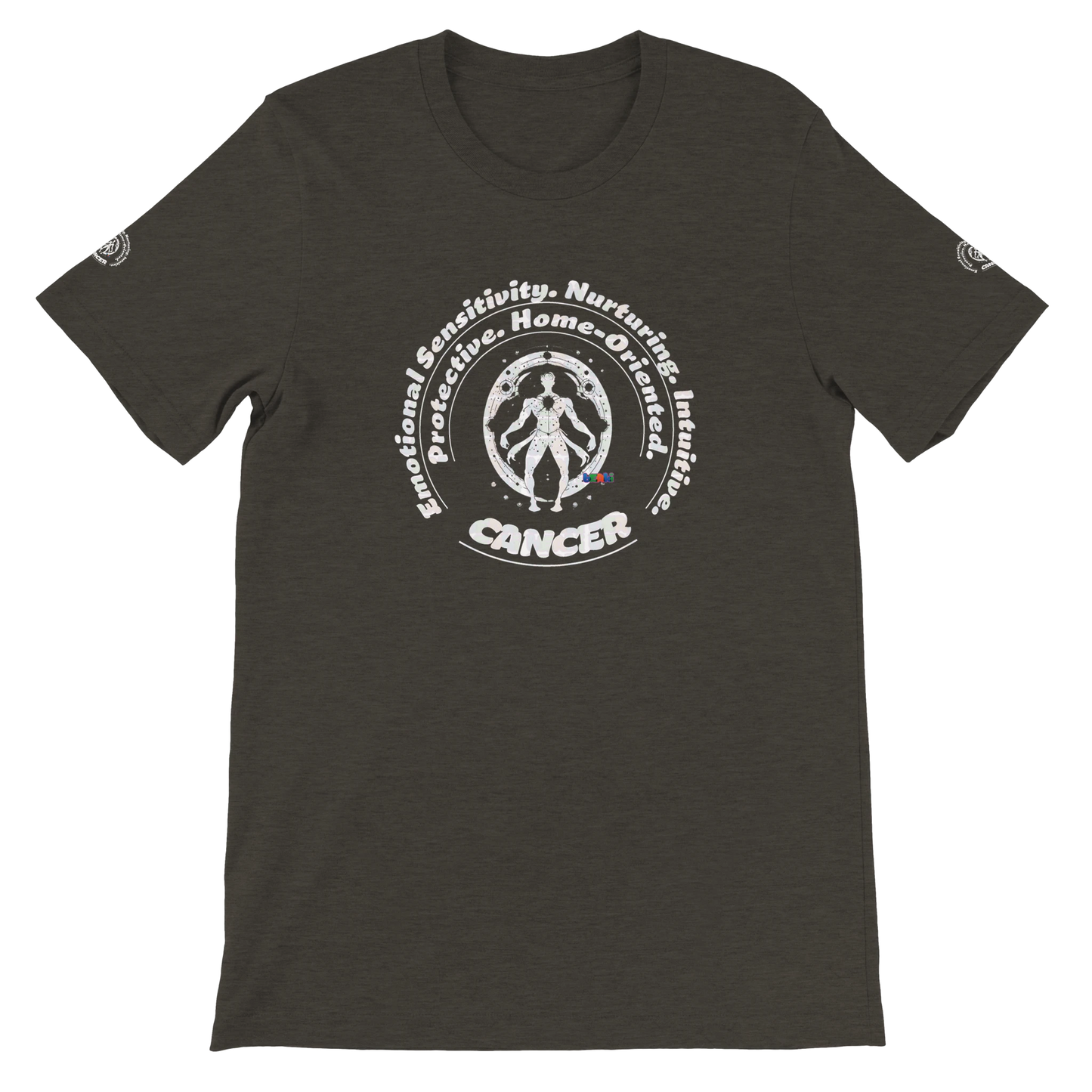 Black Cancer horoscope astrology zodiac unisex crewneck T-shirt with Characters Emotional Sensitivity, Nurturing, Intuitive.