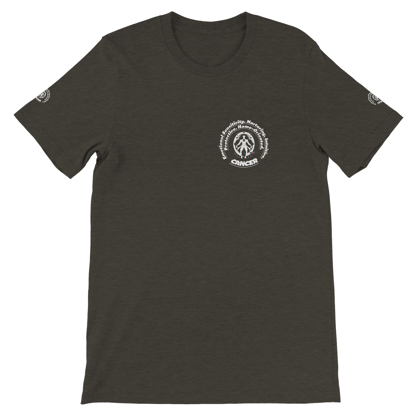 Black Cancer horoscope astrology zodiac unisex crewneck T-shirt with Characters Emotional Sensitivity, Nurturing, Intuitive.