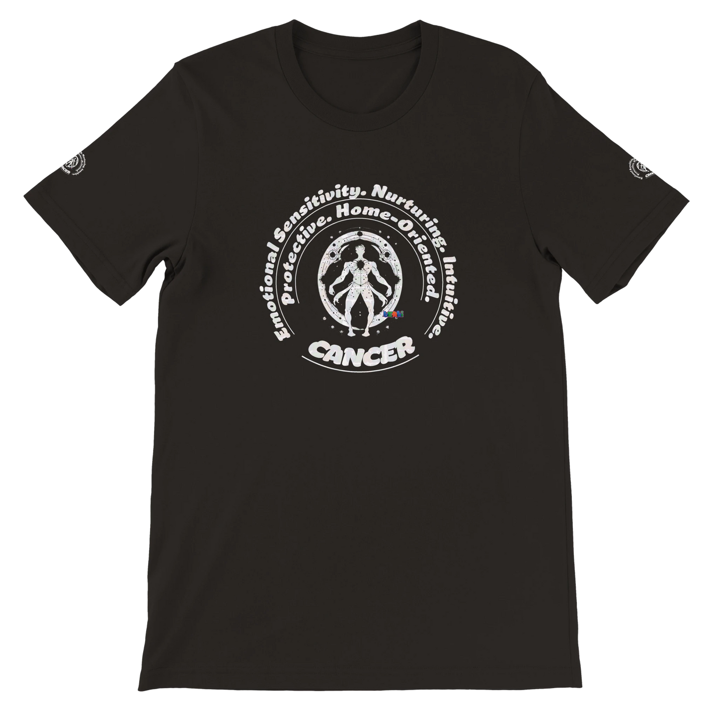 Black Cancer horoscope astrology zodiac unisex crewneck T-shirt with Characters Emotional Sensitivity, Nurturing, Intuitive.