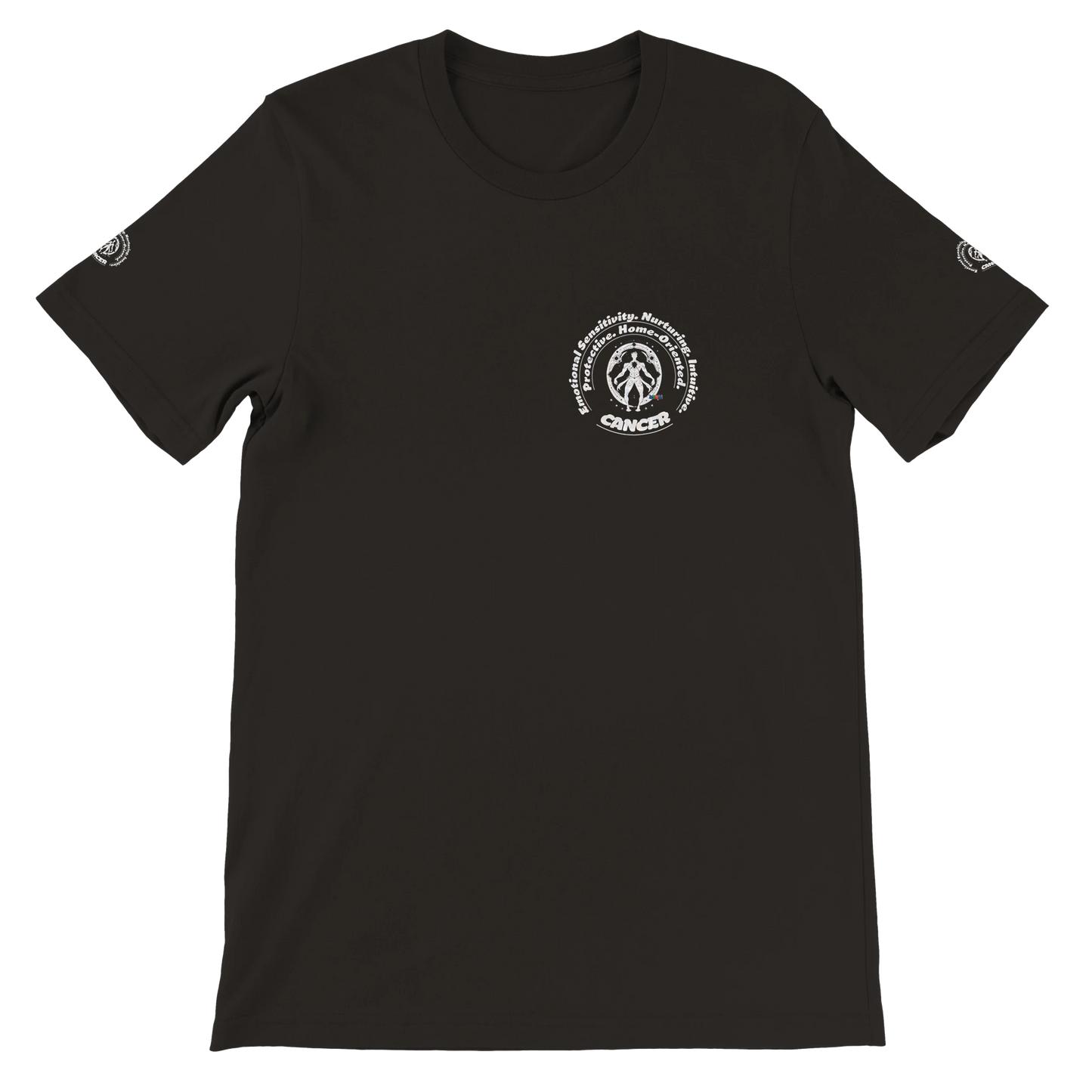 Black Cancer horoscope astrology zodiac unisex crewneck T-shirt with Characters Emotional Sensitivity, Nurturing, Intuitive.