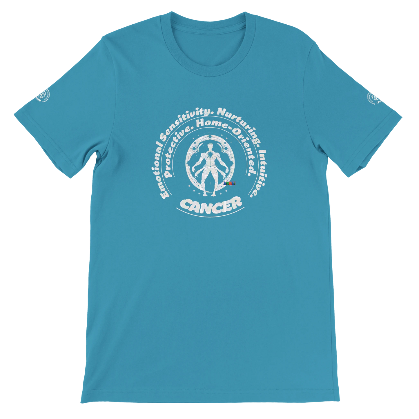 Blue unisex crewneck T-shirt with Cancer horoscope astrology zodiac design on soft Bella + Canvas 3001 by trendybuybest.com