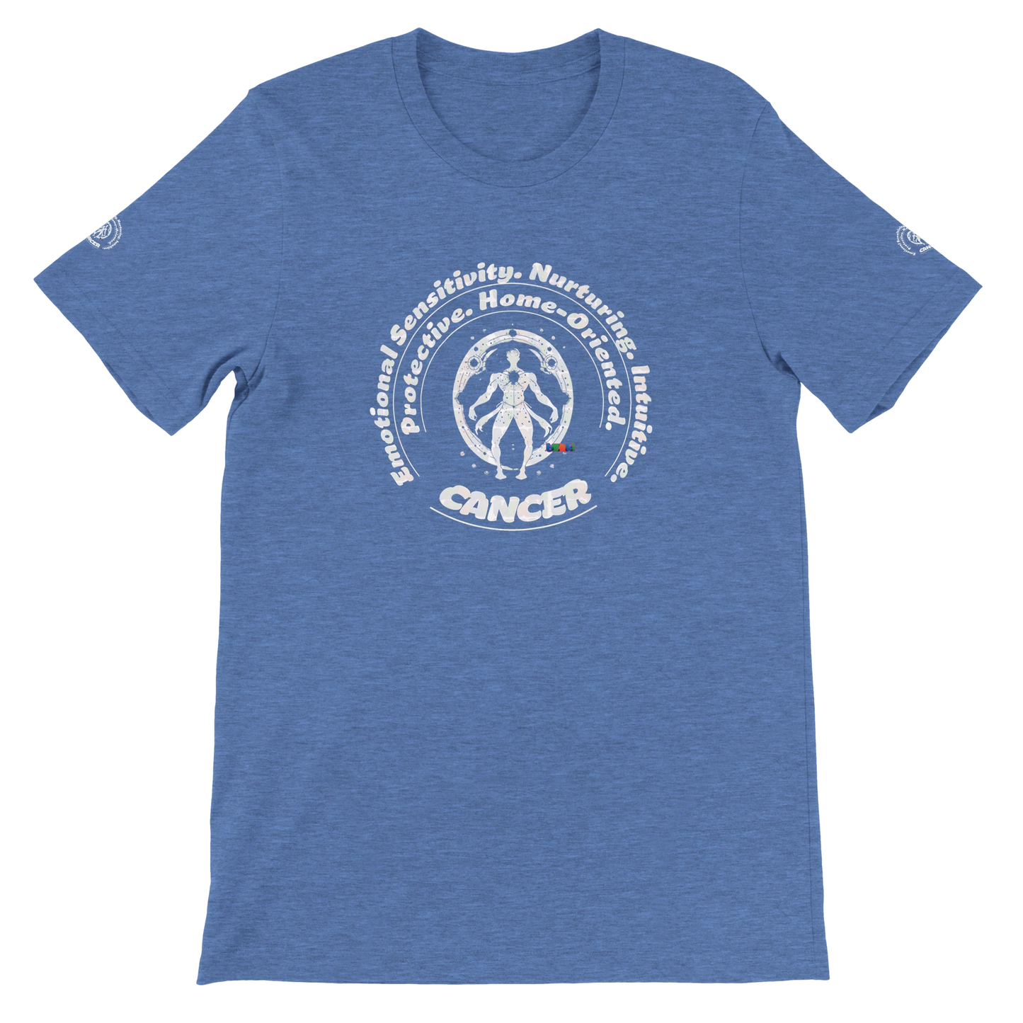 Blue unisex crewneck T-shirt with Cancer horoscope astrology zodiac design on soft Bella + Canvas 3001 by trendybuybest.com