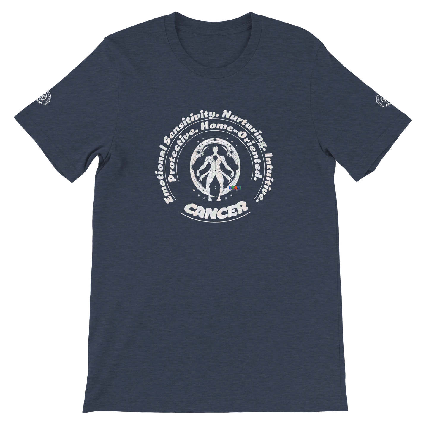 Blue unisex crewneck T-shirt with Cancer horoscope astrology zodiac design on soft Bella + Canvas 3001 by trendybuybest.com