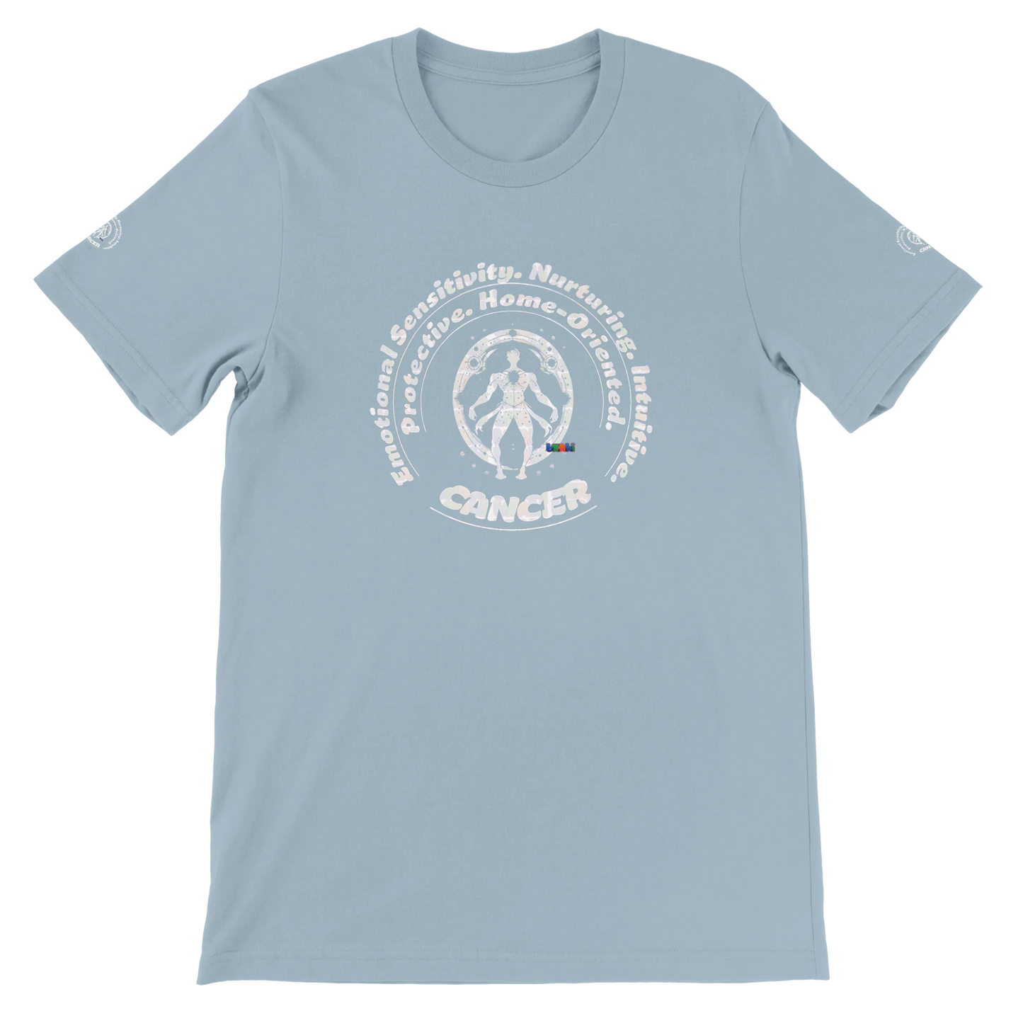 Blue unisex crewneck T-shirt with Cancer horoscope astrology zodiac design on soft Bella + Canvas 3001 by trendybuybest.com