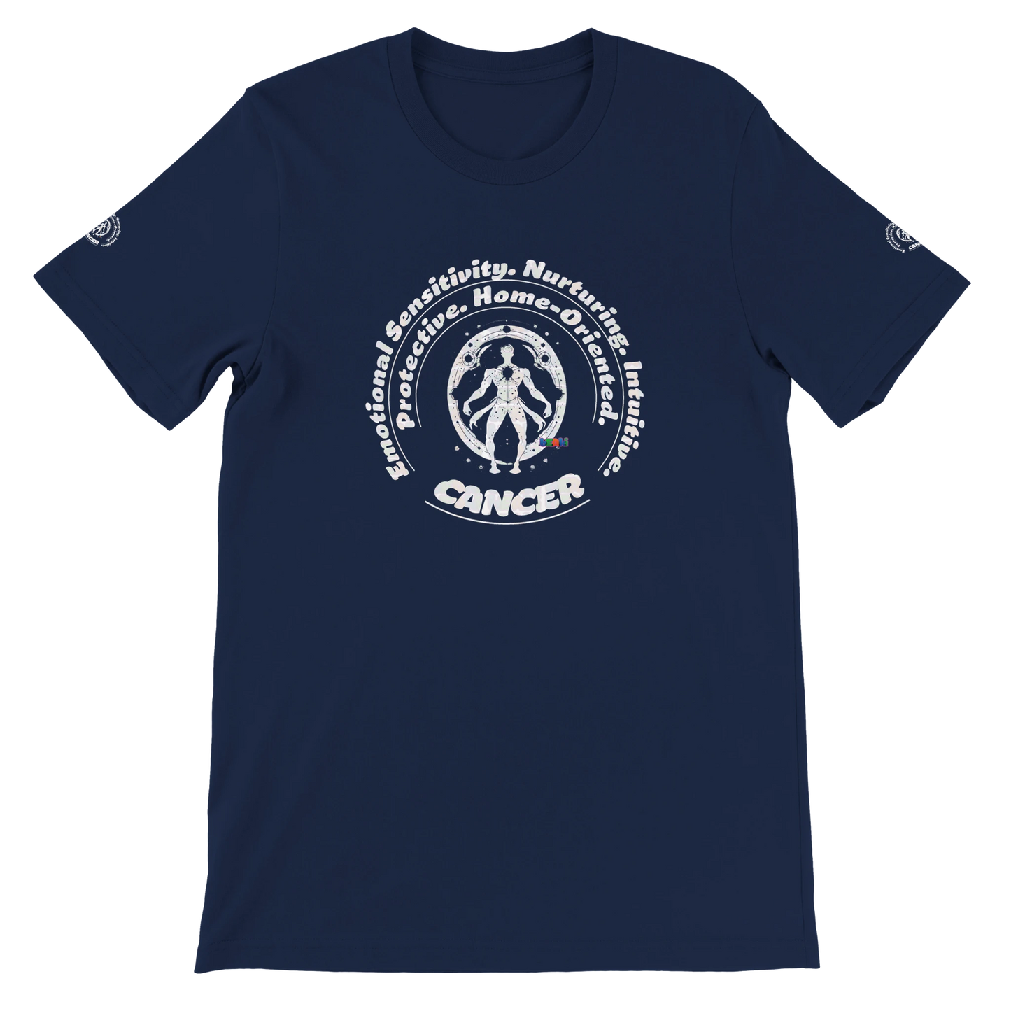 Blue unisex crewneck T-shirt with Cancer horoscope astrology zodiac design on soft Bella + Canvas 3001 by trendybuybest.com