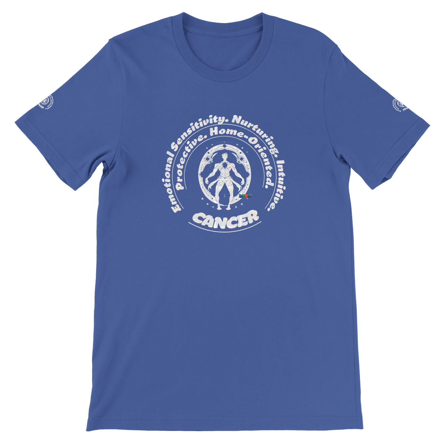 Blue unisex crewneck T-shirt with Cancer horoscope astrology zodiac design on soft Bella + Canvas 3001 by trendybuybest.com