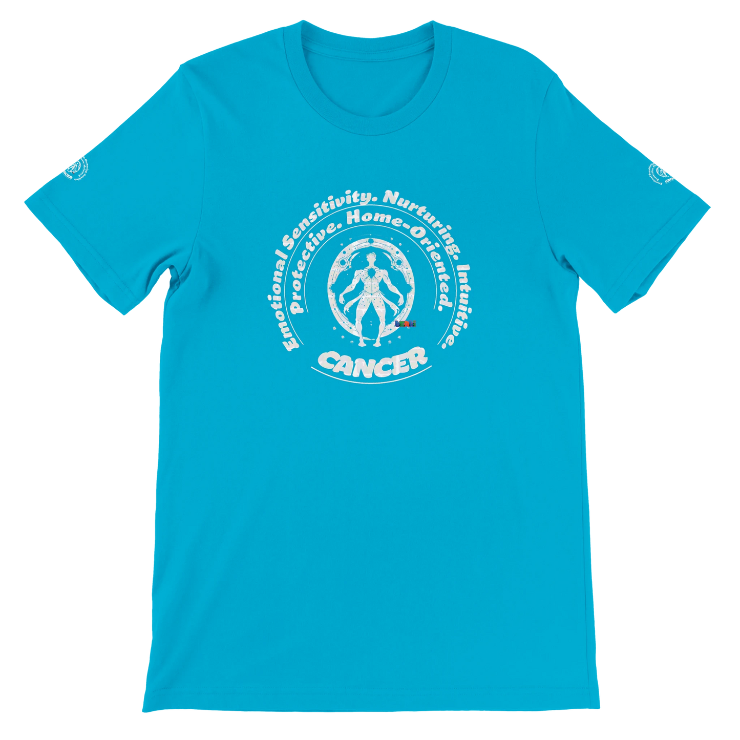 Blue unisex crewneck T-shirt with Cancer horoscope astrology zodiac design on soft Bella + Canvas 3001 by trendybuybest.com