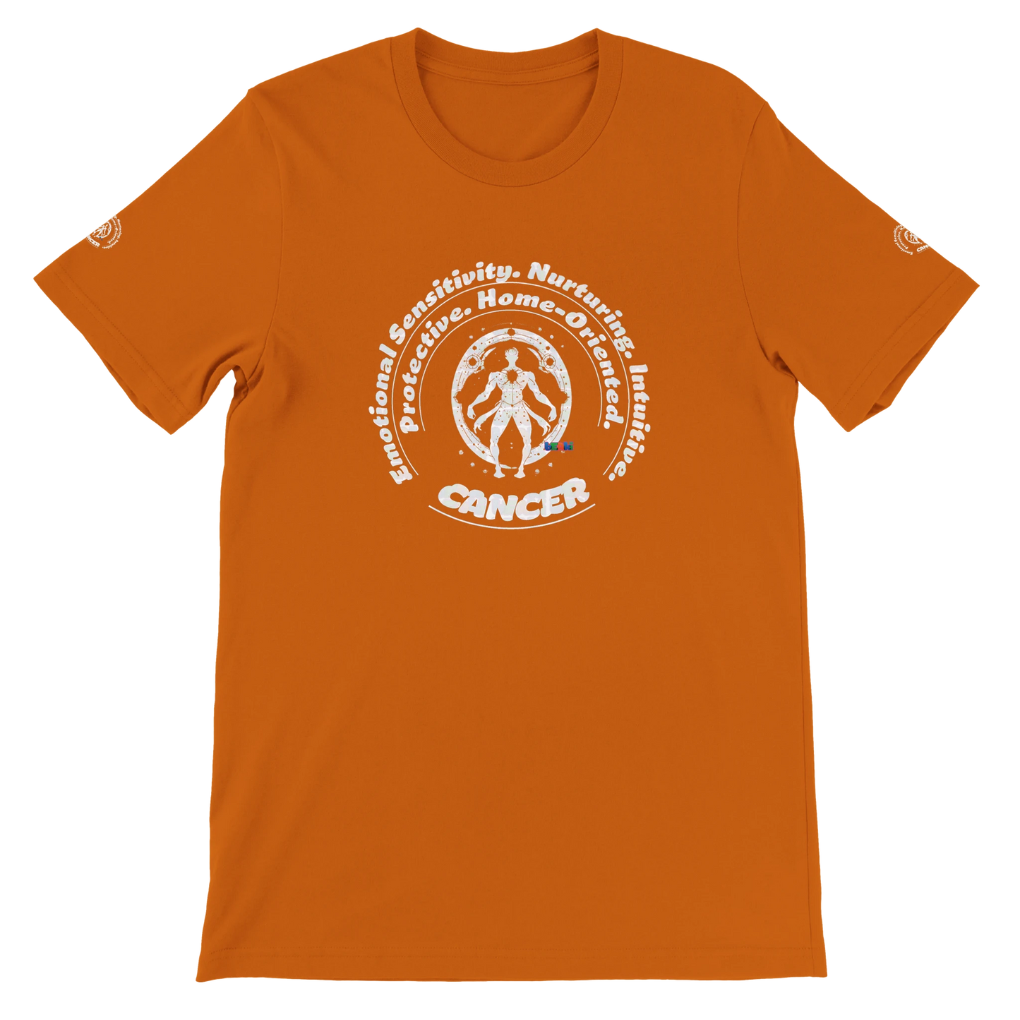 Orange unisex crewneck Bella T-shirt with Cancer zodiac horoscope, perfect birthday gift for astrology lover trendybuybest.com
