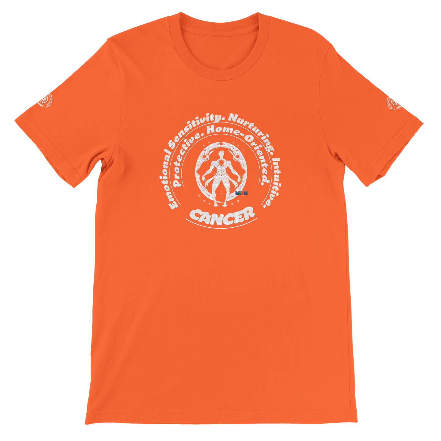 Orange unisex crewneck Bella T-shirt with Cancer zodiac horoscope, perfect birthday gift for astrology lover trendybuybest.com