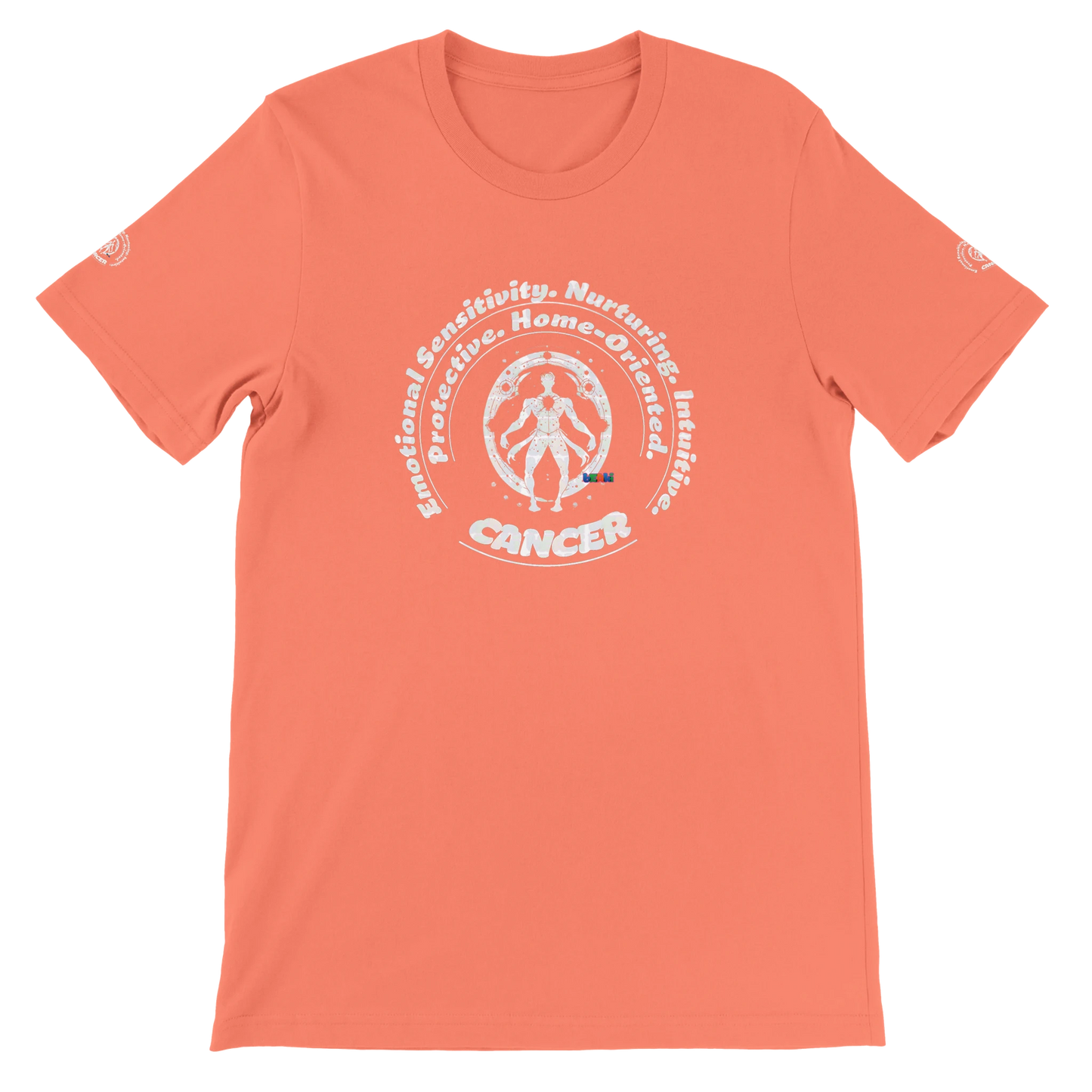 Orange unisex crewneck Bella T-shirt with Cancer zodiac horoscope, perfect birthday gift for astrology lover trendybuybest.com